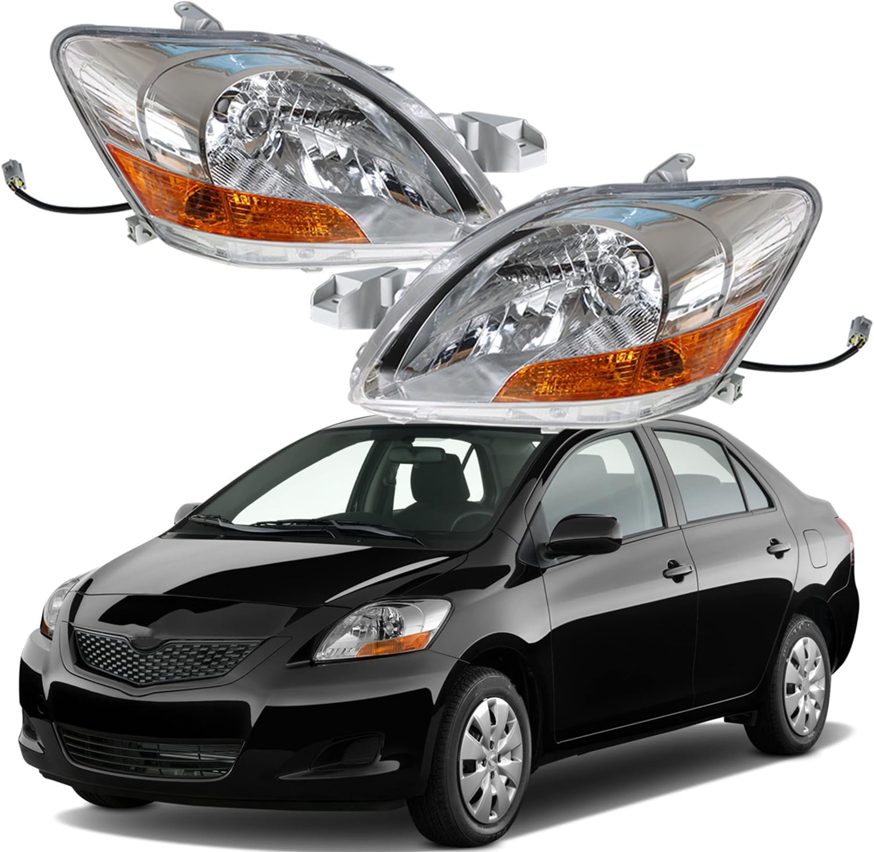 munirater Chrome Housing Headlights Headlamps Assembly Replacement for Yaris 2007-2011 Base Sedan 4-Door with Amber Corner Driver & Passenger Side 8117052740 8113052750