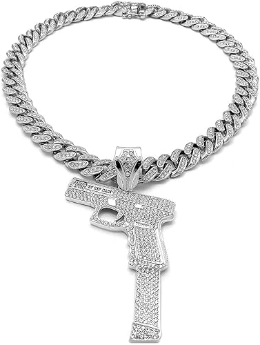Pyramid Jeweler Colgante de pistola de oro o plata para hombre Hip Hop y cadena de gargantilla cubana de Miami de 0.472in, Metal, Circonia cúbica