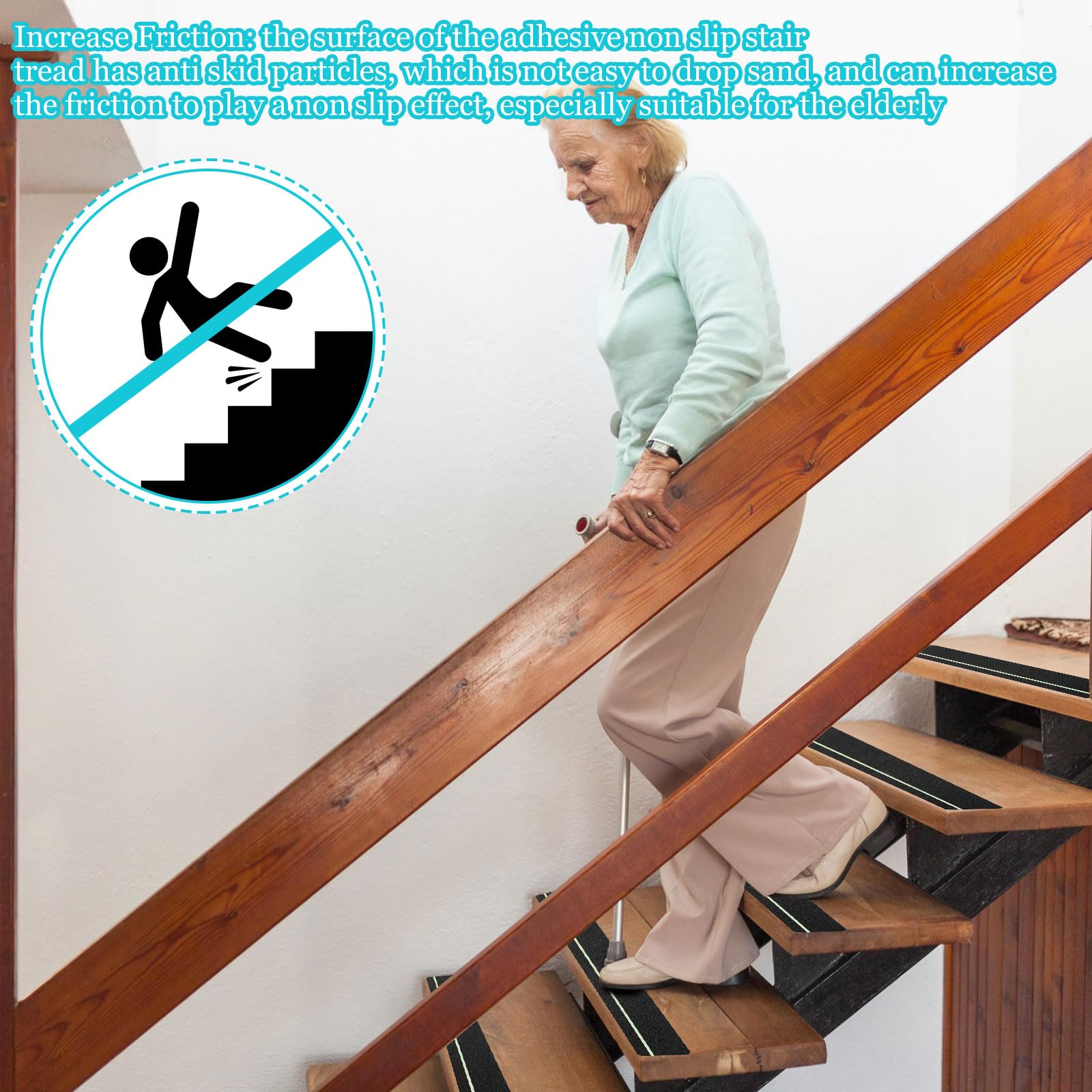 20 peldaños antideslizantes de 4 x 30 pulgadas con agarre de rayas reflectantes, cinta antideslizante adhesiva para exteriores, peldaños de escalera, abrasivos de fricción para escaleras (verde)