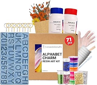 71pcs DIY Alphabet Keychain Epoxy Resin Art Kit with Silicone Moulds, Glitters, Flakes, Color Pigments and More for Beginners (2:1 Resin to Hardener, 150gm)
