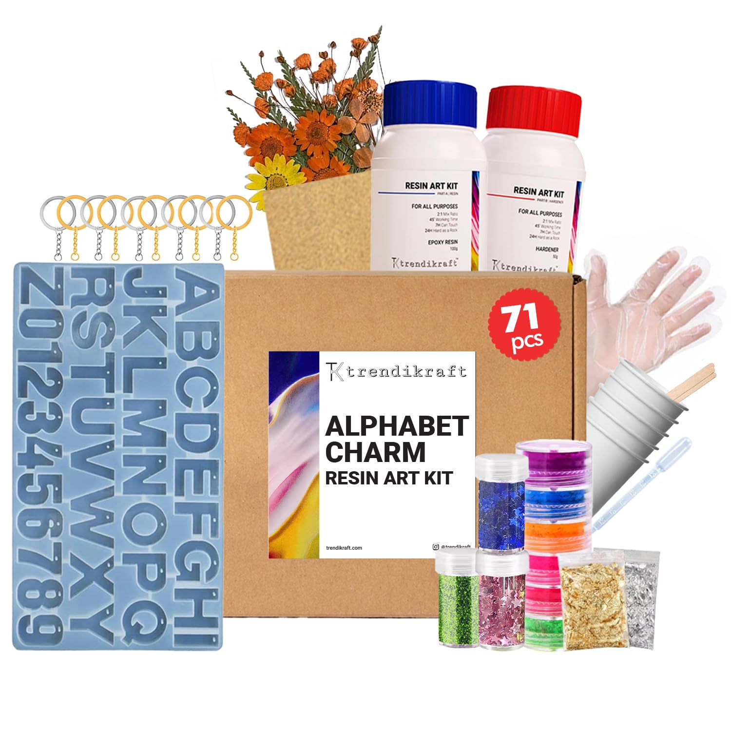 TRENDIKRAFTTRENDIKRAFT 71pcs DIY Alphabet Keychain Epoxy Resin Art Kit with Silicone Moulds, Glitters, Flakes, Color Pigments and More for Beginners (2:1 Resin to Hardener, 150gm)
