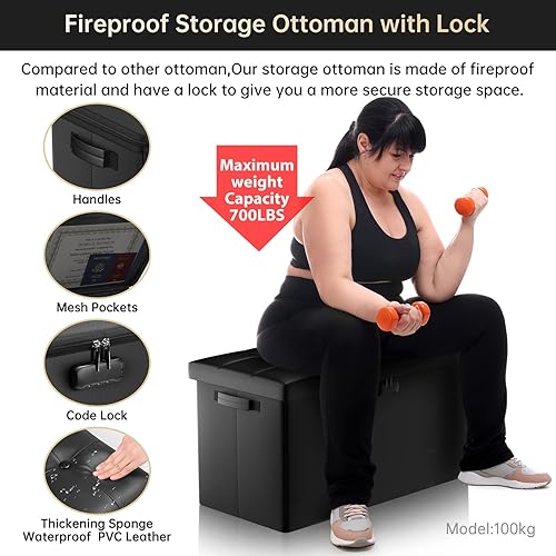 Miniatura 9 de ENGPOW Banco otomano de almacenamiento de 30 pulgadas, banco de almacenamiento plegable ignífugo con cerradura+caja de documentos ignífuga caja
