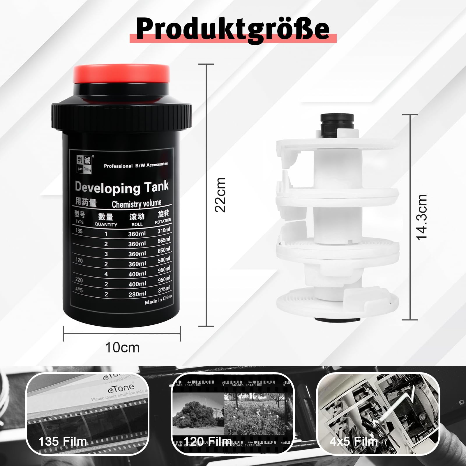 eTone Tanque de desarrollo de películas profesional, capacidad de 3 espirales para 120, 127, 135 y 4x5 negativo en blanco y negro, equipo de desarrollo de cuarto oscuro