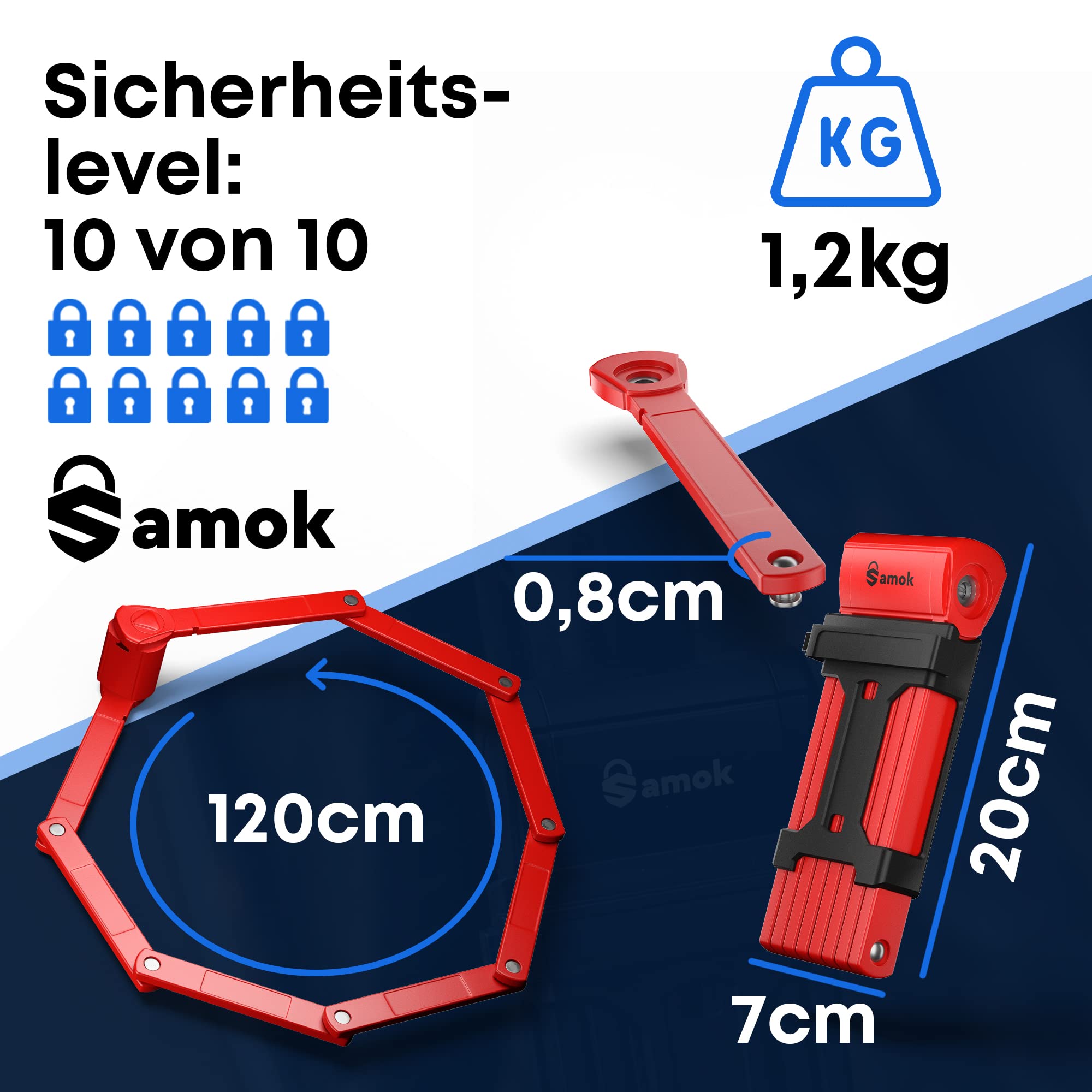 Samok® Lucchetto pieghevole per bicicletta, lunghezza 120 cm, con supporto, pieghevole, con chiave, alta sicurezza, livello 10, antifurto, per e-bike, bici da strada e MTB