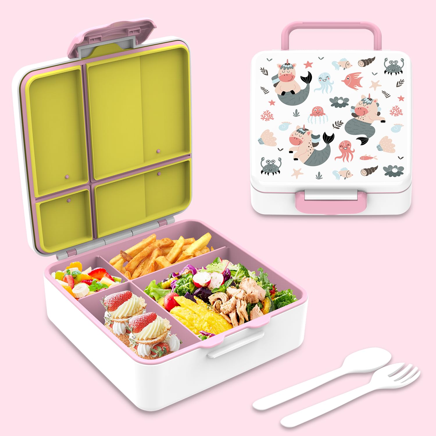 Bento Lunch Box for Kids – Animal Print, 4 Compartments with Utensils, Leakproof, Insulated, Microwave & Dishwasher Safe, BPA-Free, Eco-Friendly, Ages 3-14, Girls & Boys