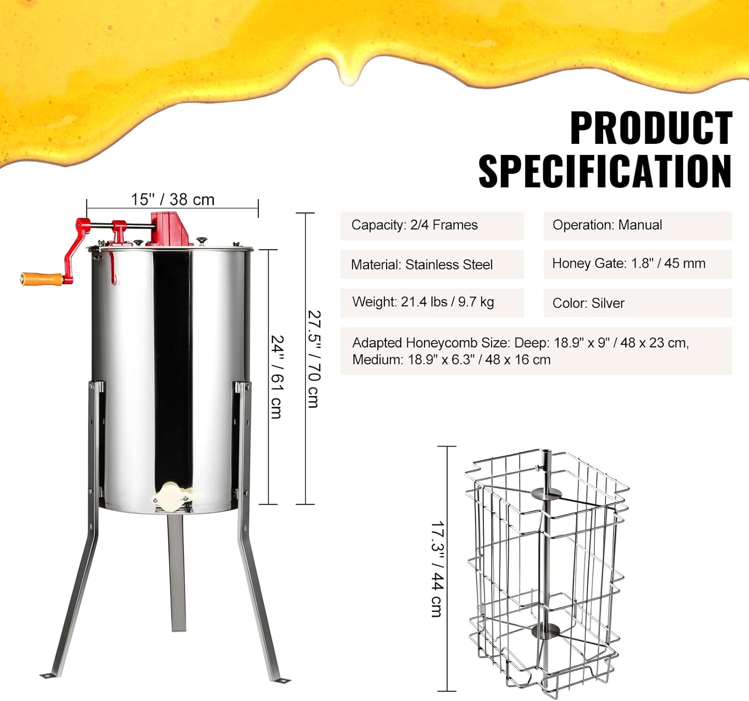 VEVOR Honey Extractor, 2/4 Frame Stainless Steel Manual Beekeeping Extraction, Honeycomb Drum Spinner with Transparent Lid, Apiary Centrifuge Equipment with Height Adjustable Stand, Silver