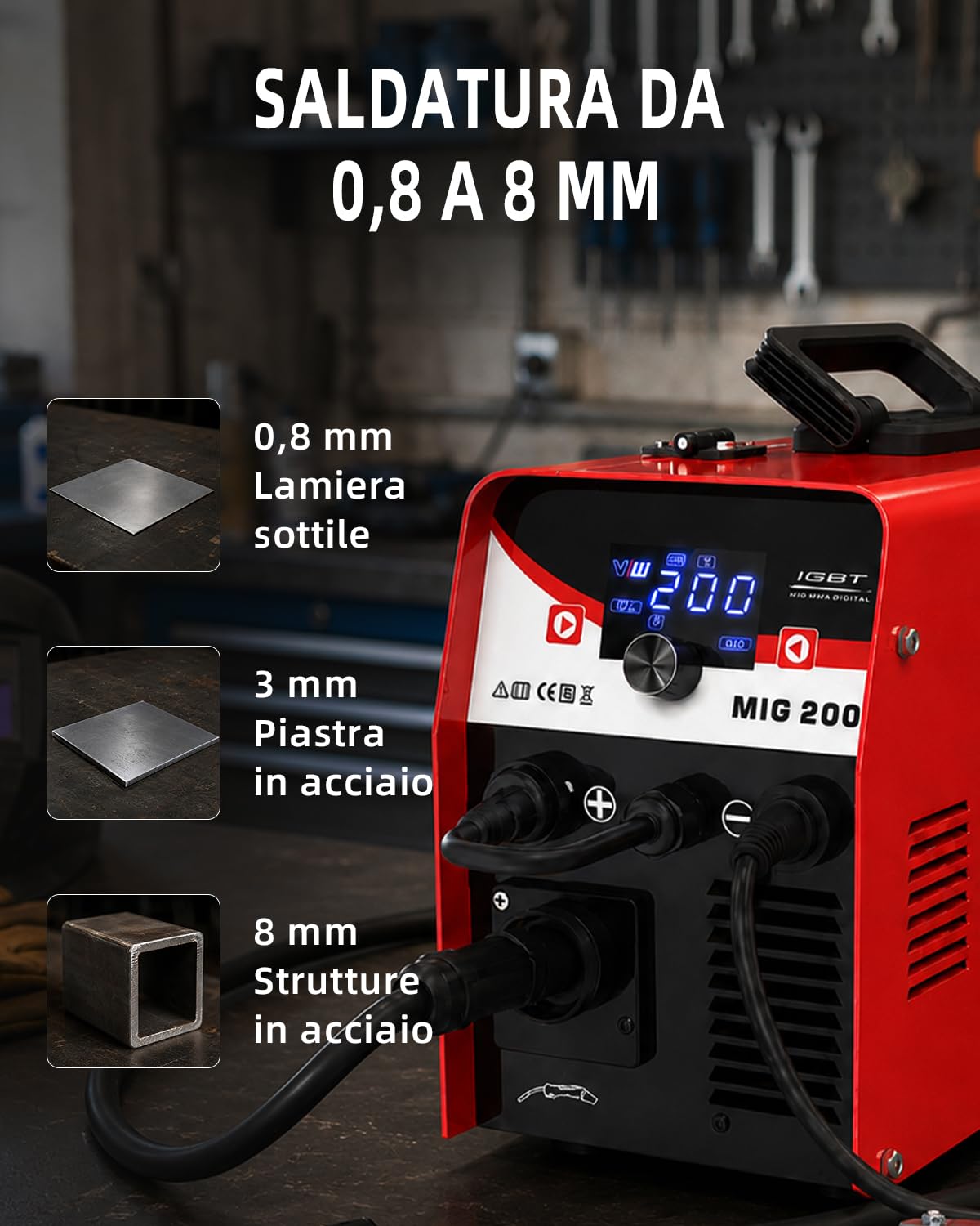 VECTOR WELDING MIG Saldatrice 200 A Set di Fili di Riempimento, Saldatrice Elettrodo 30-200A Dispositivo Combinato con MCU, IGBT, Display Digitale, per Saldatura con e Senza Gas