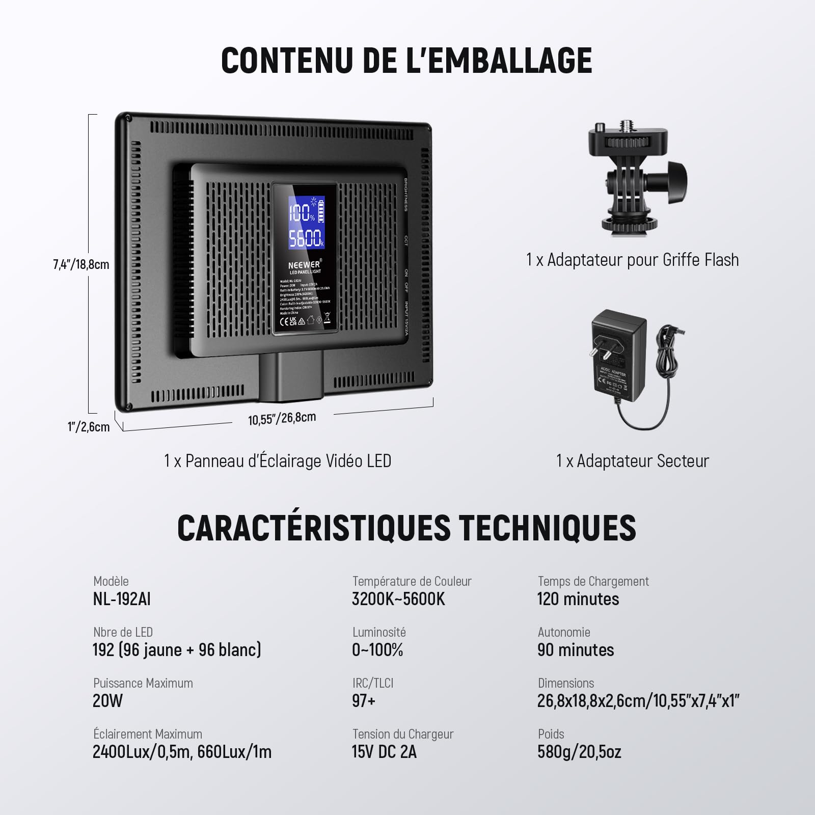 NEEWER Panneau Lumineux 192 LED, 20W Lumière Soft Ultra-Fine Bicolore Dimmable pour Caméra DSLR, Batterie Lithium Intégrée 8000mAh, 3200-5600K CRI97+ Éclairage pour Photo, Vidéo, Streaming en Direct