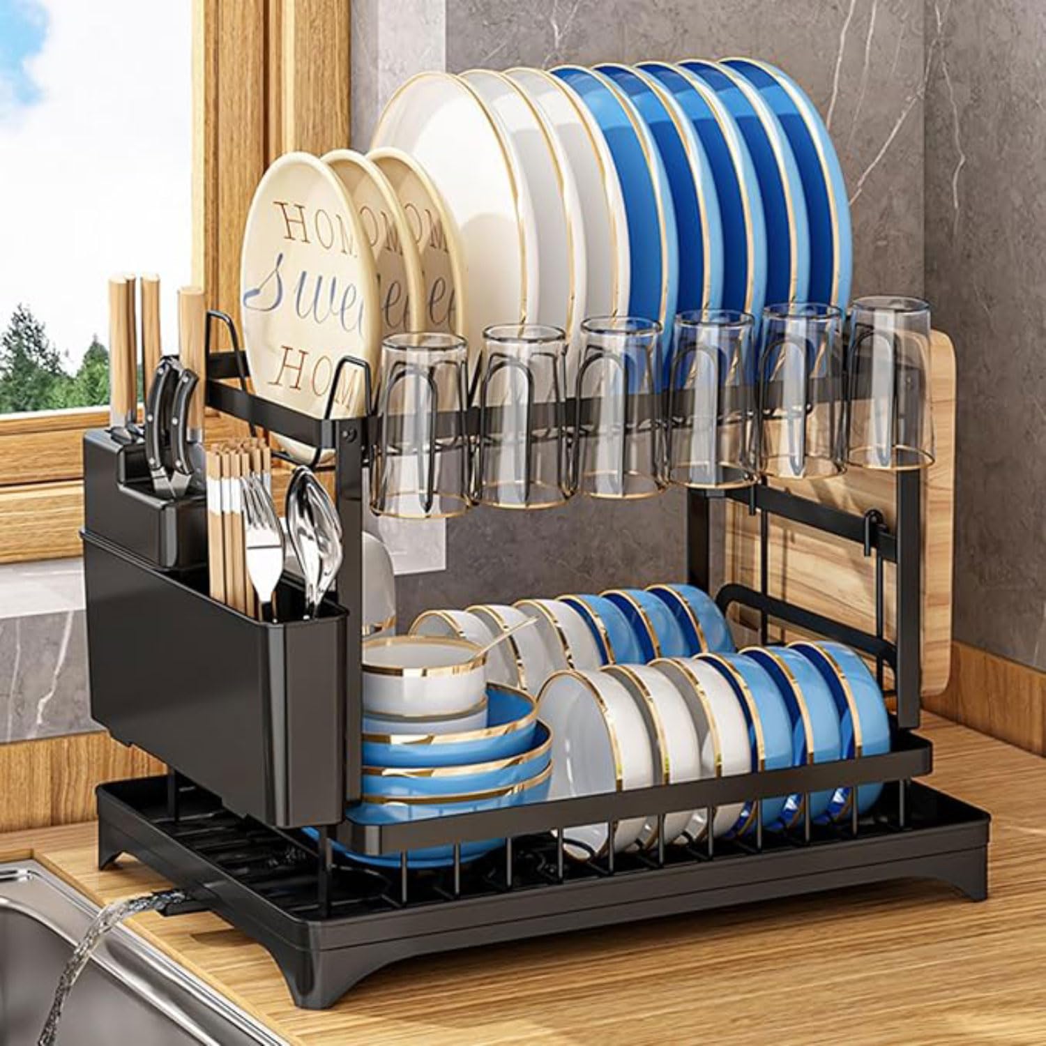 SaryEdge 2-Tier Stainless Steel Dish Rack with Draining Tray and Utensil Holder – Rustproof Space-Saving Kitchen Drying Rack for Countertop nization,Noir,Noir