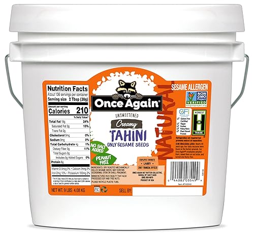 Once Again Tahini de sésamo natural, cubo de 9 libras (igual que 9 frascos), sin sal, sin azúcar, certificado sin gluten, vegano, kosher, paleo, sin