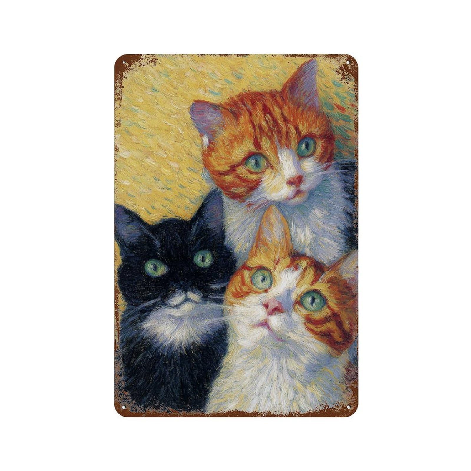 Whimsical Cat Portrait Art Print Rust Effect Tin Sign 11.8"x7.9", Vintage Wall Decor for Pub, Kitchen And Man Cave Decor