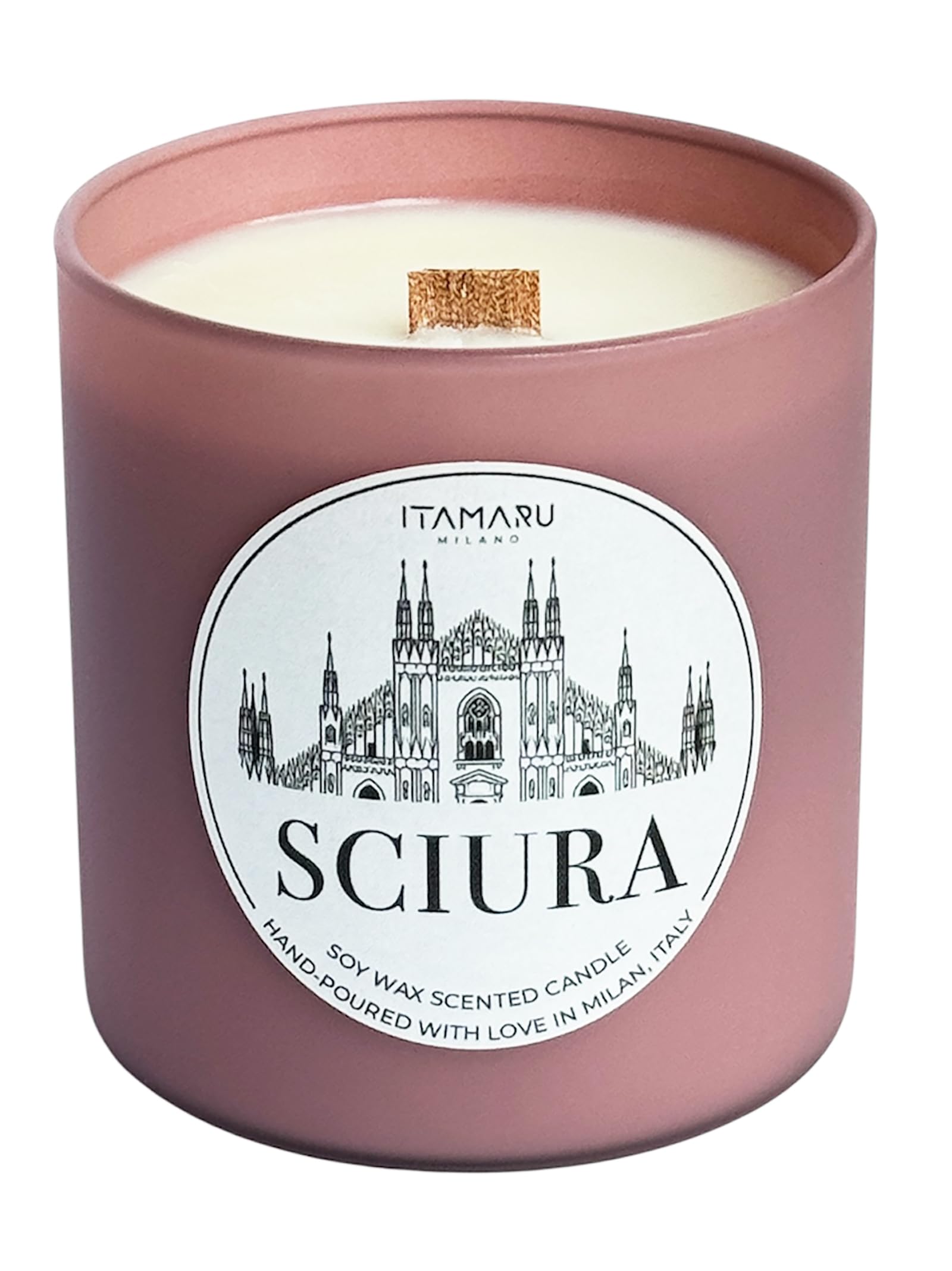 ITAMARU – Candela Profumata Artigianale Sciura, in Cera di Soia 100%, con Stoppino in Legno, Vetro Rosa, 270g – Handmade in Italia | Regalo Donna | Regalo Mamma