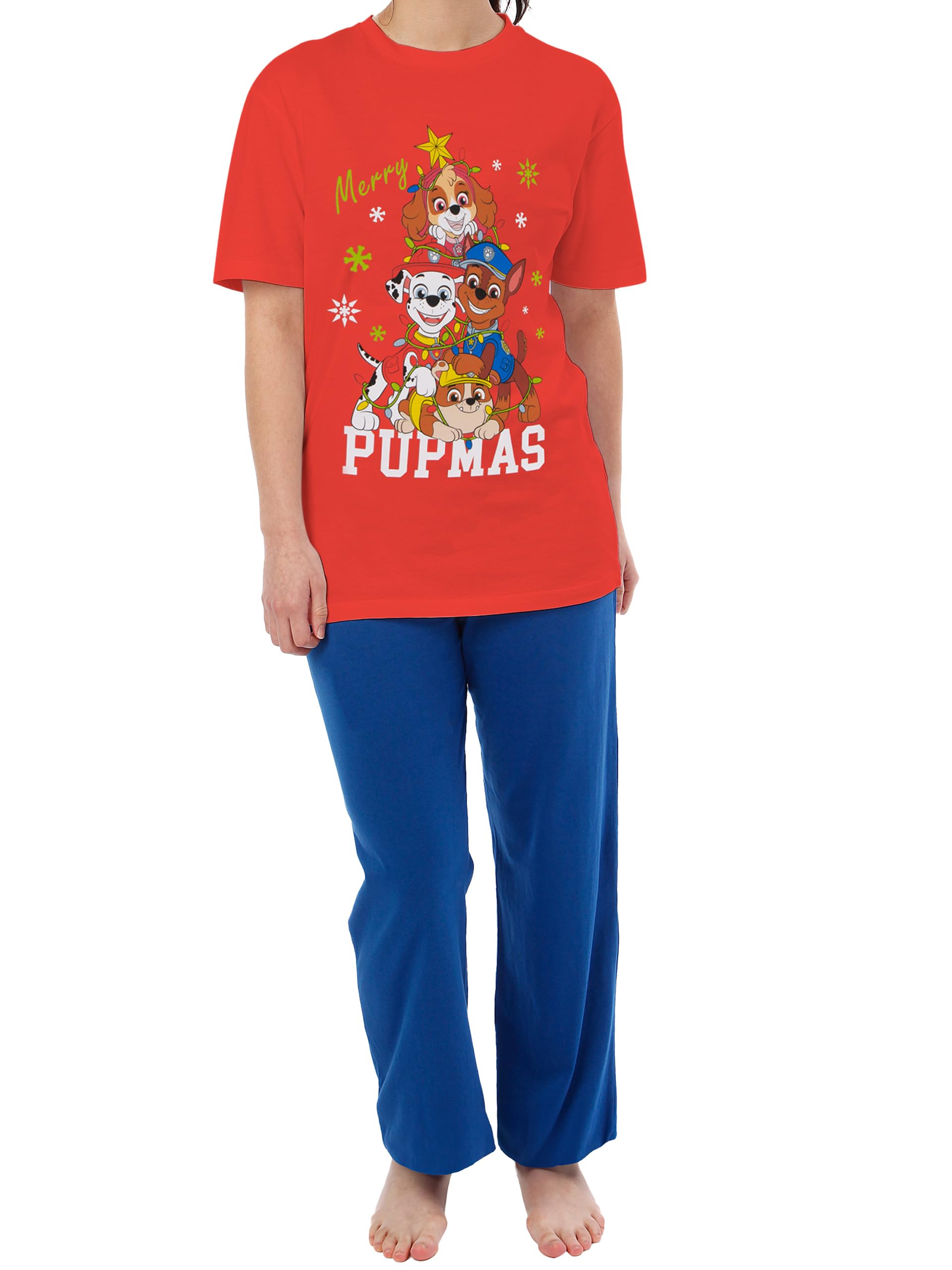 Paw Patrol Women's Pyjamas | Short Sleeve Christmas Pyjamas | Chase Skye Rubble Marshall Pjs | Red X-Small