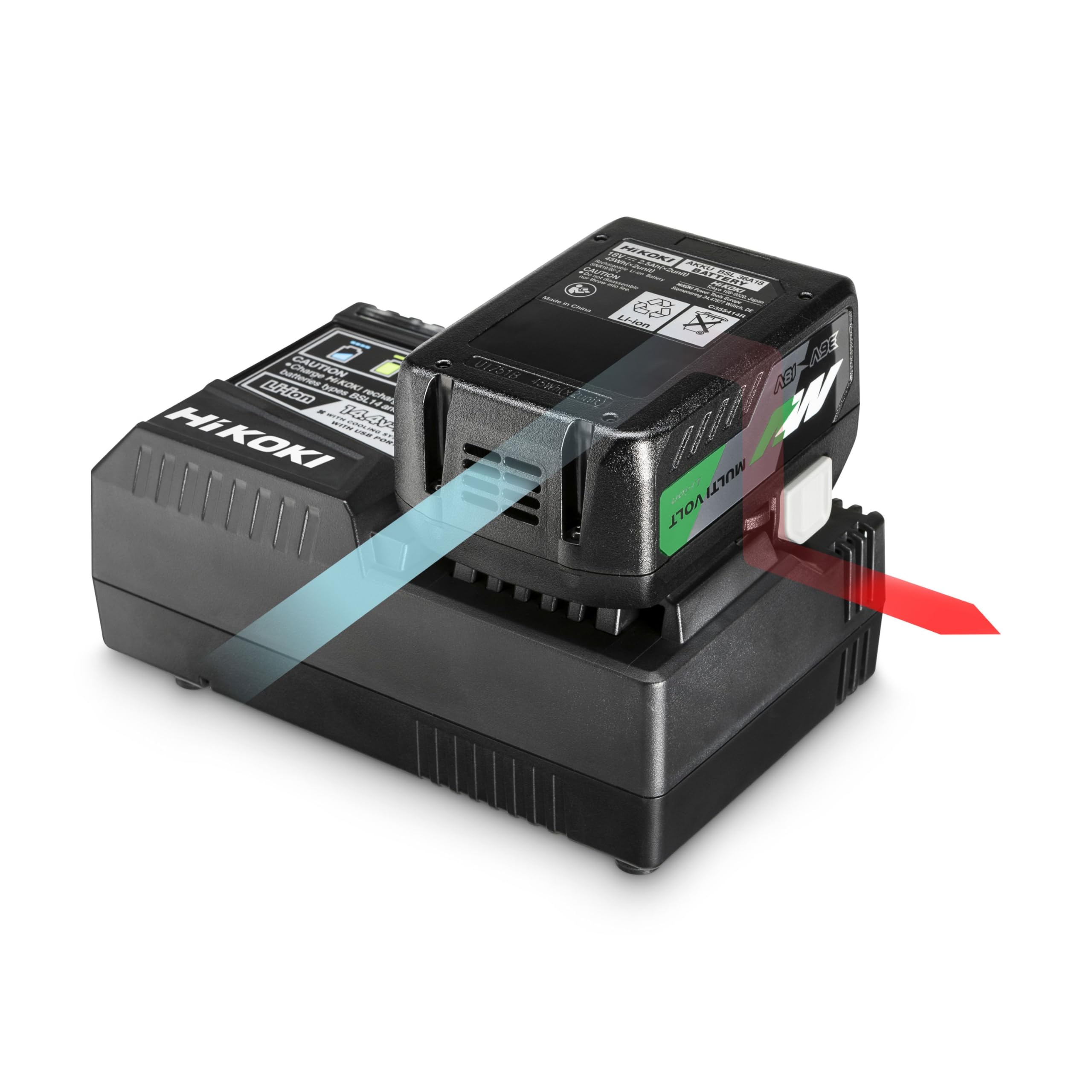 HiKOKI Booster Pack - Juego de 2 Baterías MULTIVOLT (18 V/36 V - 2.5 Ah/5.0 Ah) y Cargador (Li-Ion, Indicador LED de Nivel de Carga de 4 Etapas, Tiempo de Carga 32 Minutos)