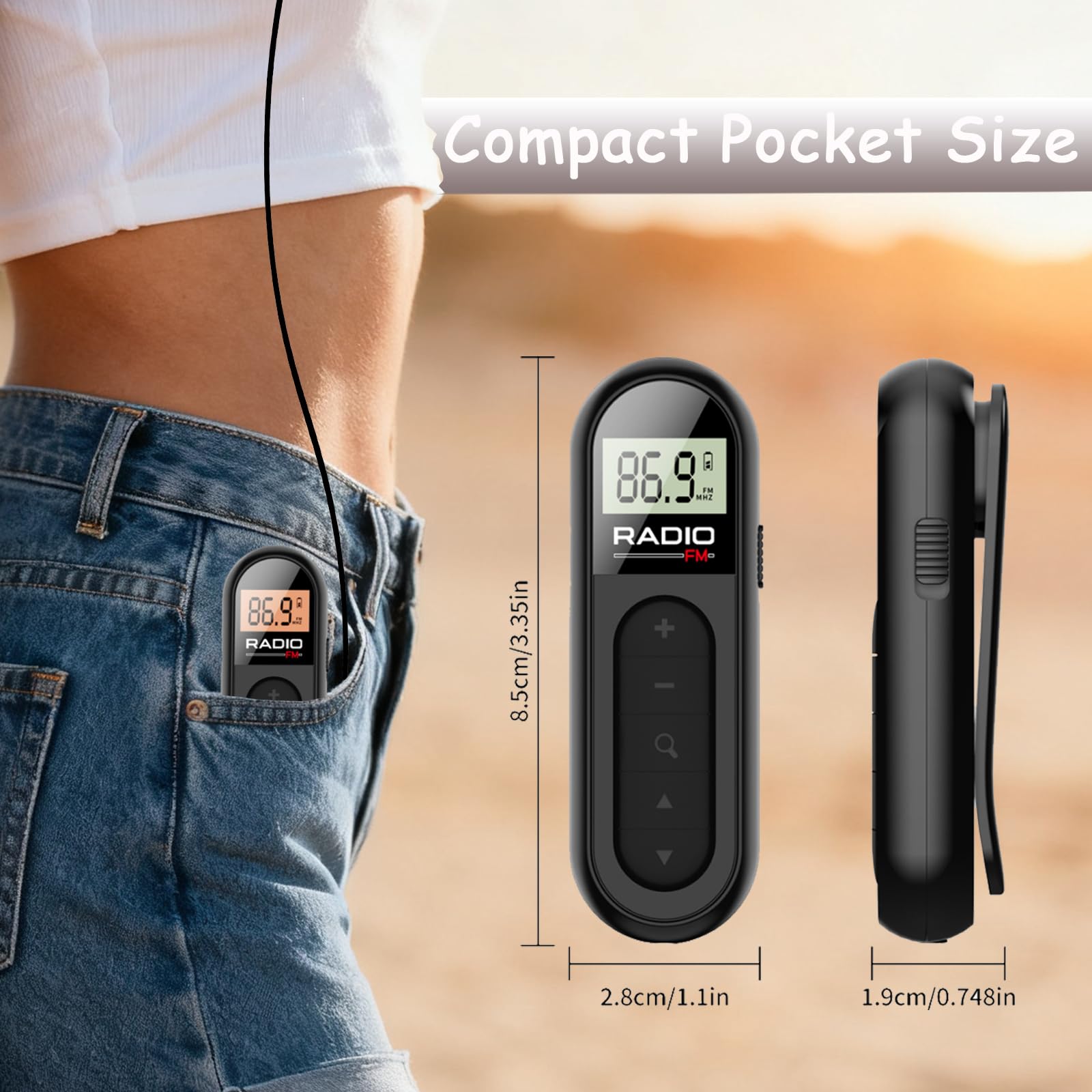 Tragbares Mini Taschenradio, wiederaufladbares FM Transistorradio mit gutem Empfang für Nachrichten und Rundfunk, geeignet für Sport, Laufen und Walking, inkl. Stereo-Kopfhörer, Schwarz