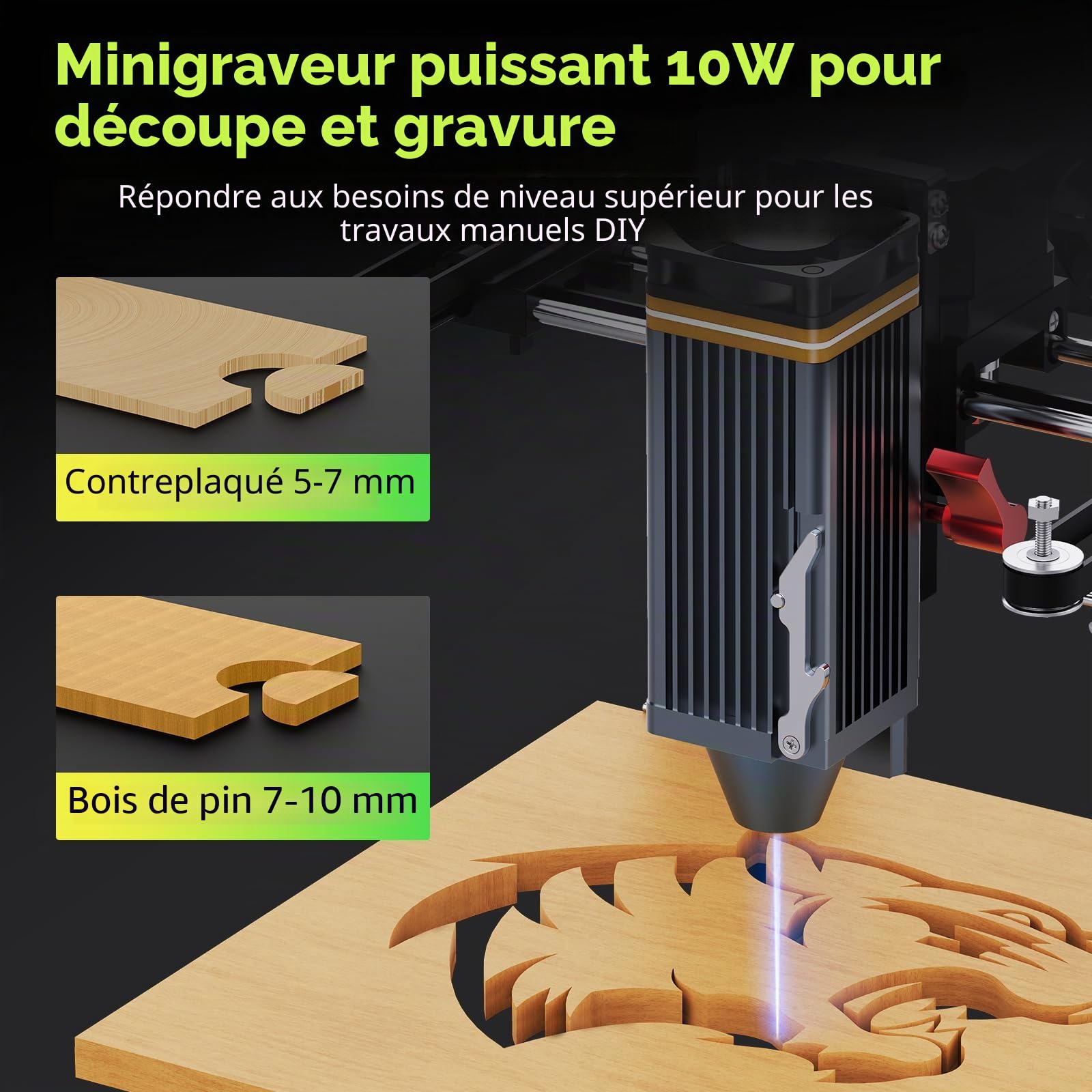 UTKA A1 10W Mini graveur laser avec Cemera, graveur laser portable de 3,93 * 3,93 pouces et machine de coupe pour le bois, le papier, le plastique, le cuir, le tissu, la nourriture, le métal peint