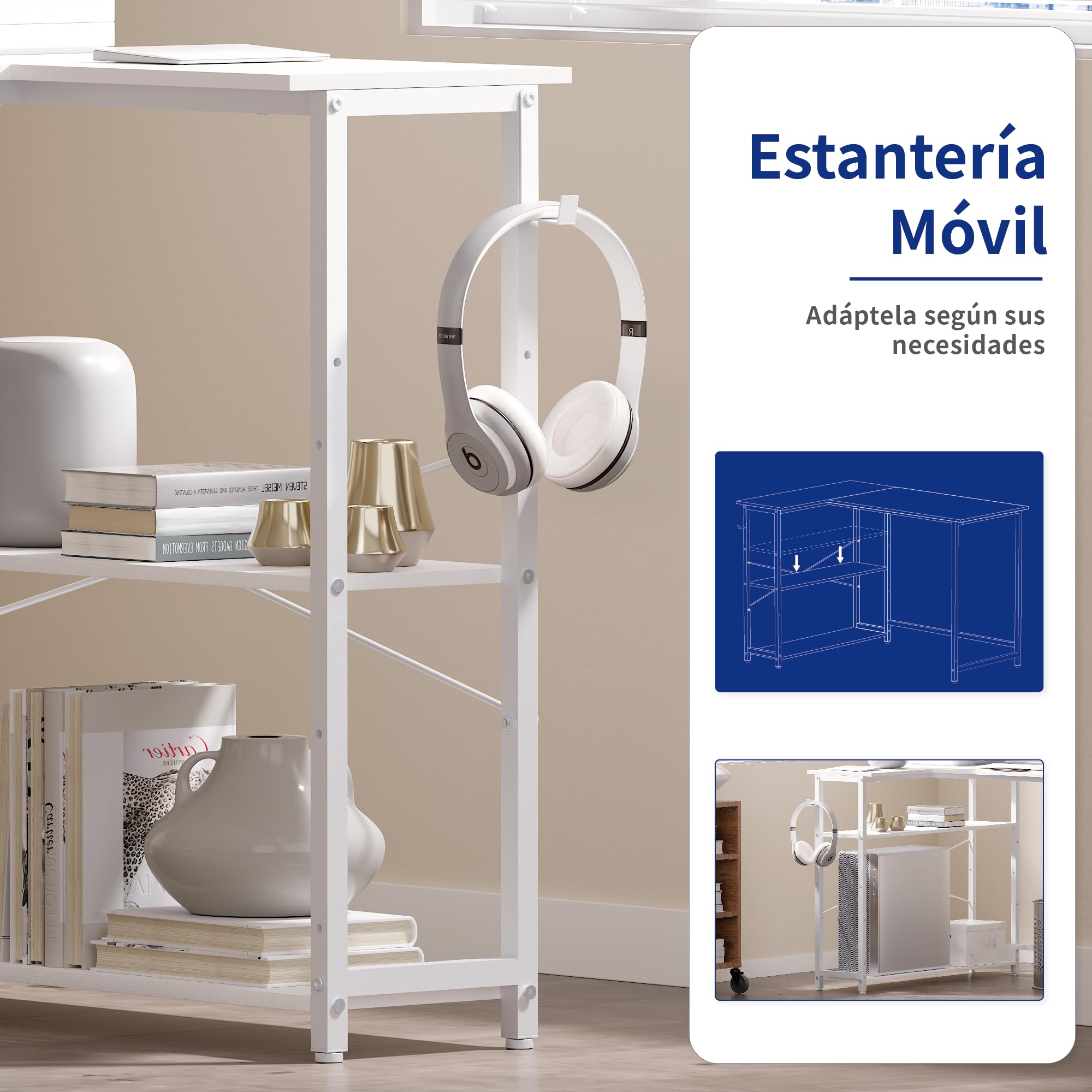 PAMRAY Escritorio en L de 109 cm, Mesa de Trabajo con Estantes Laterales Reversibles, Escritorio Esquinero para PC, Gaming y Oficina en Casa Ideal para Estudiar y Jugar, Blanco