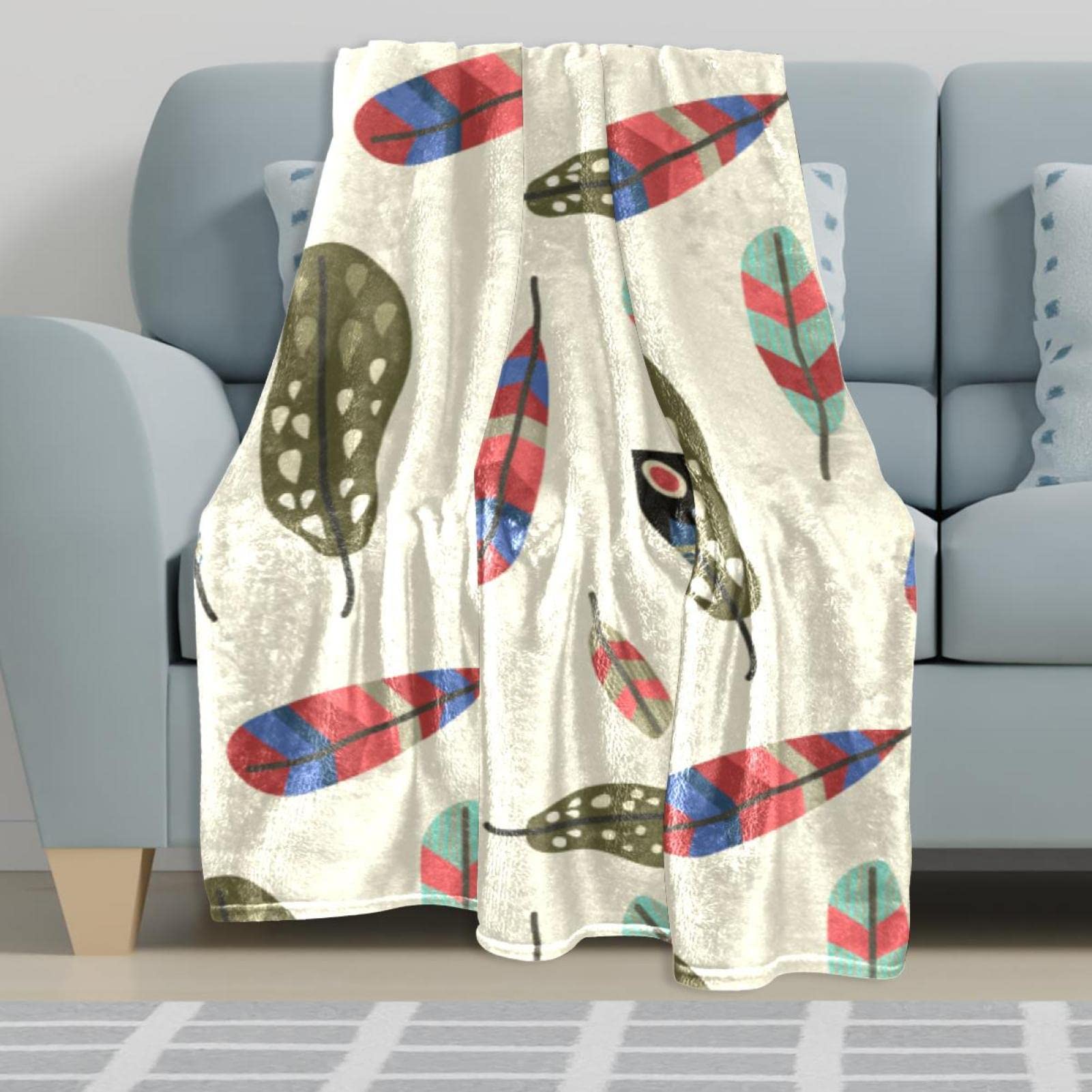 Kolorowy boho pióro polarowy koc narzuta na kanapę lekki pluszowy puszysty