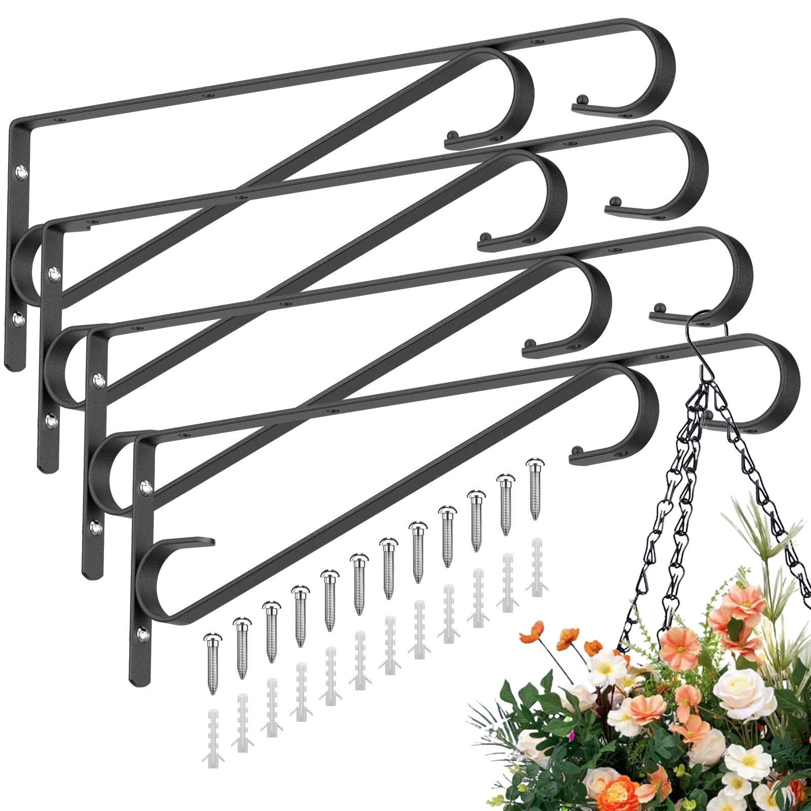 Outdoor Plant Hangers Heavy Duty 30 Lbs Iron 4 Pack 15.4' Black Wall Hooks