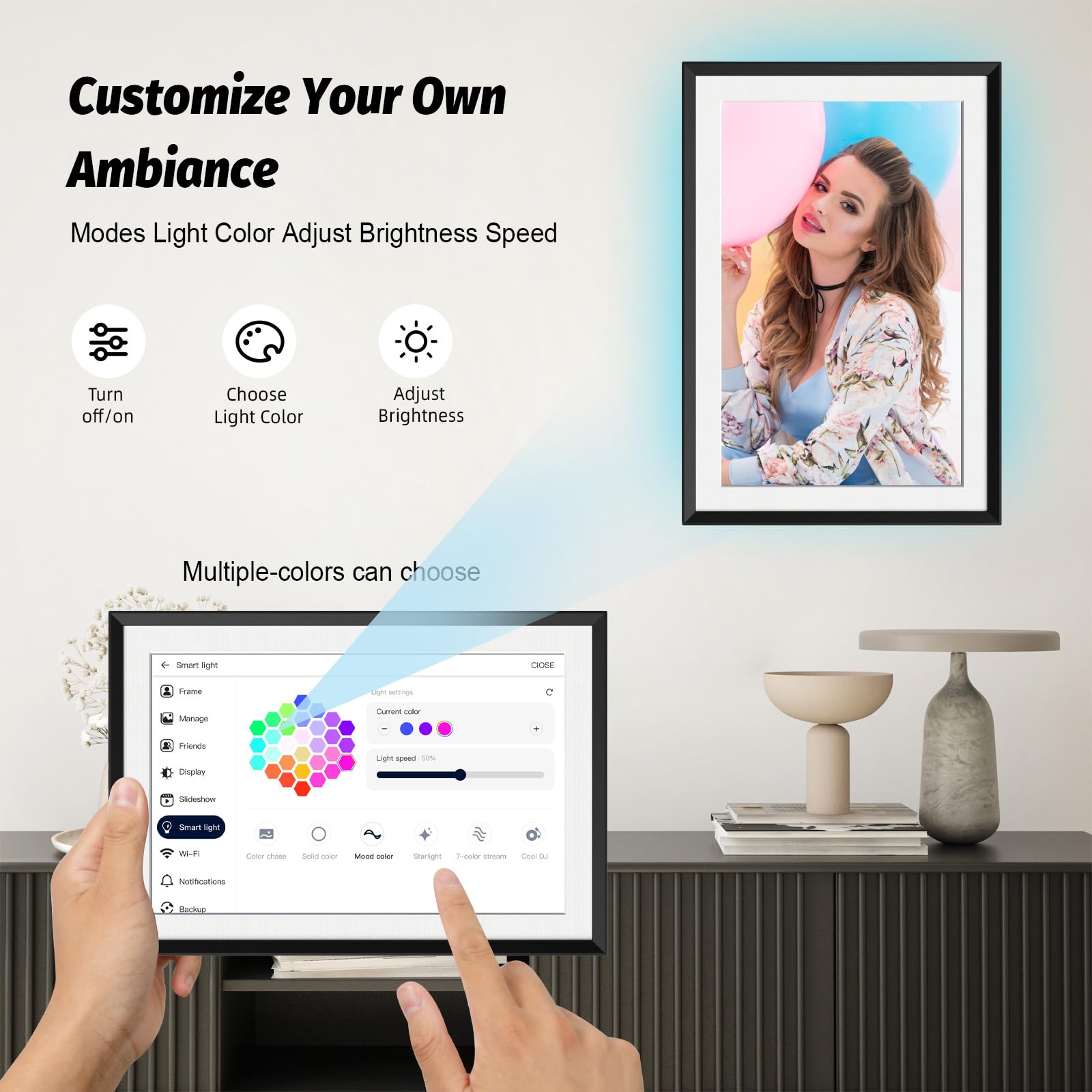 Cornice Digitale da 10,1 Pollici WiFi Digital Frame con Luce LED, 1280 * 800 IPS HD Touch Screen Smart Photo Frame, Condividere Momenti Istantaneamente Tramite AiMOR App ovunque