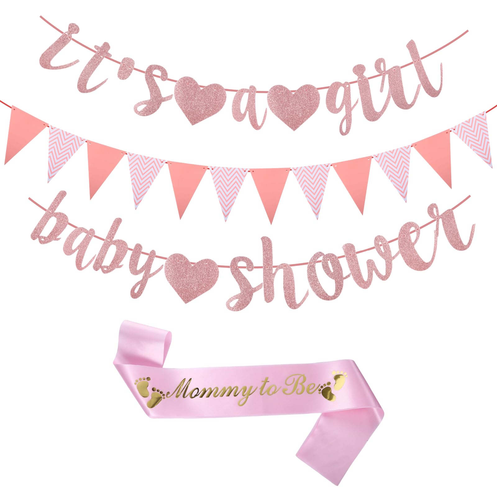 Pink Baby Shower Banner, Baby Shower Decorations Girl, It's A Girl Banner Pennant Pink Bunting Mummy to be Sash, for Gender Reveal Decoration Party Garland Photo Props