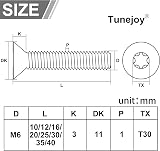 Tunejoy Viti a Testa Svasata M6 x 25 mm Vite Torx Bullone a Macchina in Acciaio Inox A2 V2A Viti a Testa Piatta con Chiavi a T30 Filettatura Completa 20 pezzi - 2