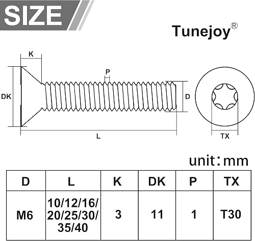 Tunejoy Viti a Testa Svasata M6 x 25 mm Vite Torx Bullone a Macchina in Acciaio Inox A2 V2A Viti a Testa Piatta con Chiavi a T30 Filettatura Completa 20 pezzi - 2