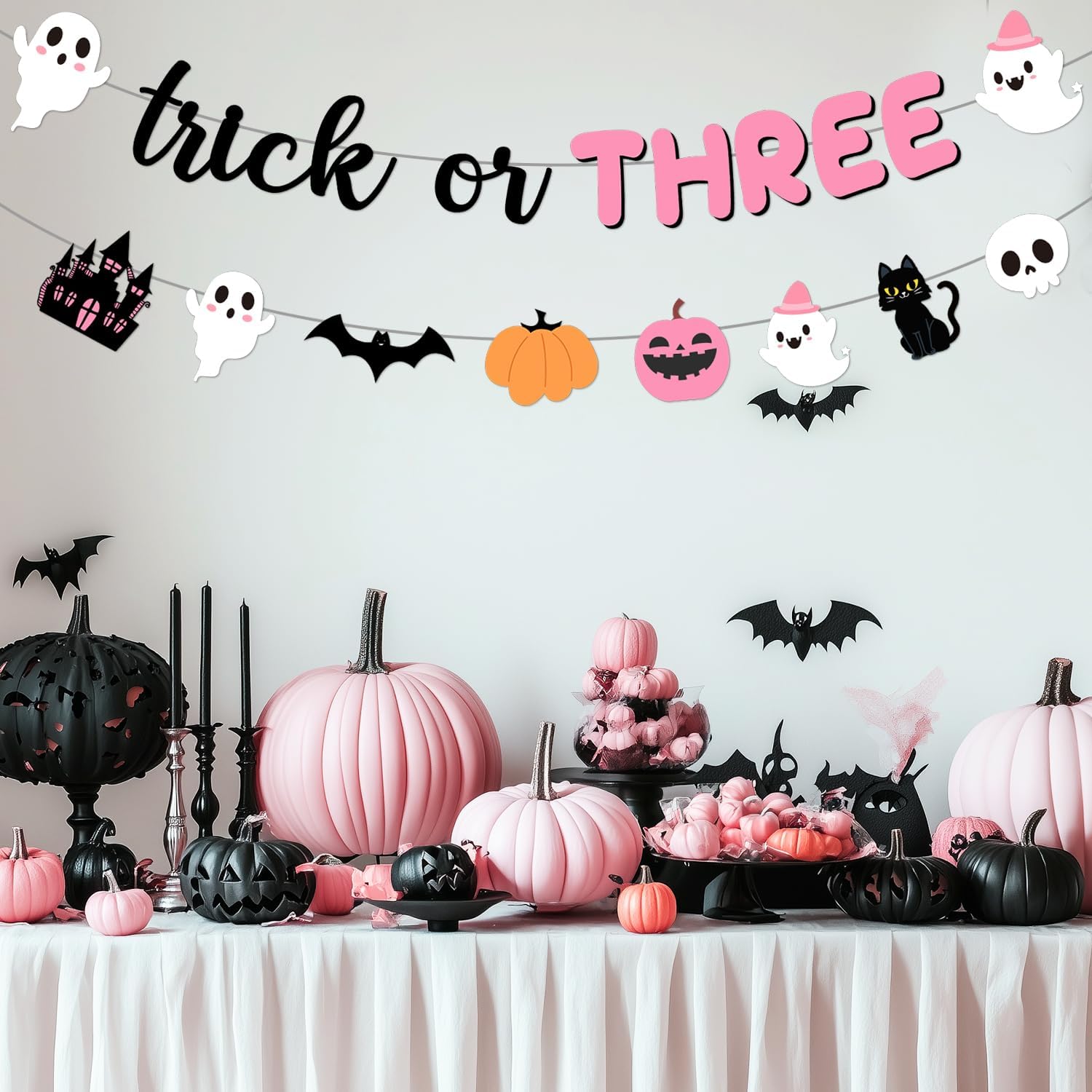Halloween 3rd Birthday Party Decorations Trick or Three Banner Garland Pink Boo Ghost Pumpkin Bats Spider Hanging Swirls for Girls Happy Booday 3rd Birthday Party Supplies