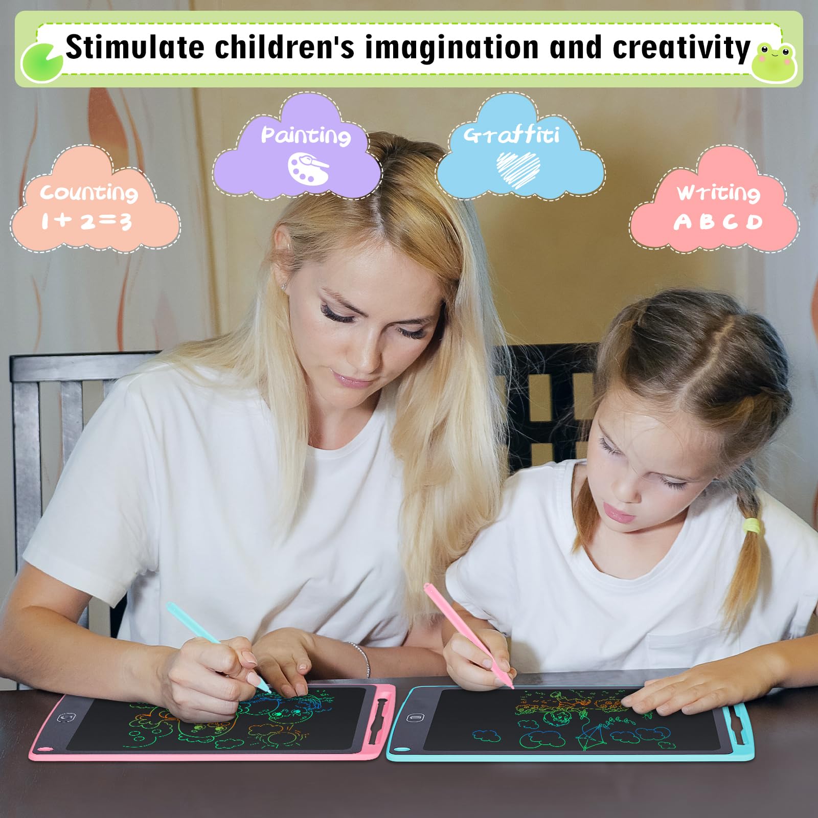 Damcyer 2 Pezzi Tavoletta Grafica LCD Scrittura 10 Pollici,LCD Tavoletta Grafica Bambini con Schermo Colorato,Taccuino Cancellabile con Adesivi Animali,per Ragazzi e Ragazze di età 3 4 5 6,Blu+Rosa