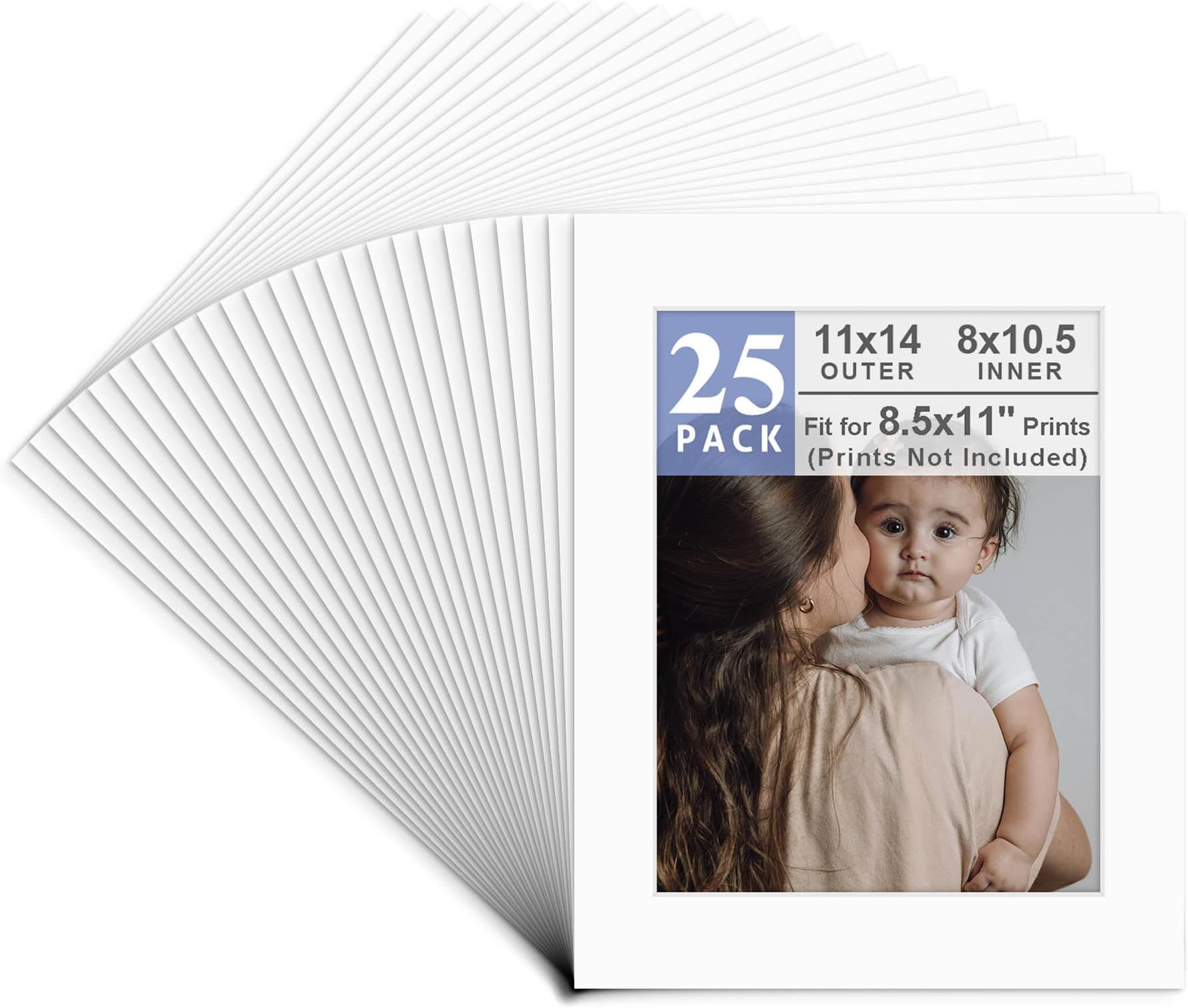 Acid Free, Pack of 25, 11x14 White Picture Mats - Fit 8.5x11 Photo/Certificate - High Premier Bevel Pre-Cut White Core Mattes - 25 Single Mats