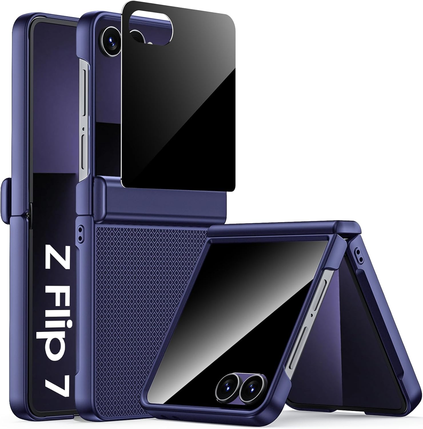 for Samsung Galaxy Z Flip 7 Case with Privacy Screen Protector & Hinge Protection, Slim Non-Slip Hard Full Body Shockproof Cover Wireless Charging Case for Galaxy Z Flip 7 (Blue)