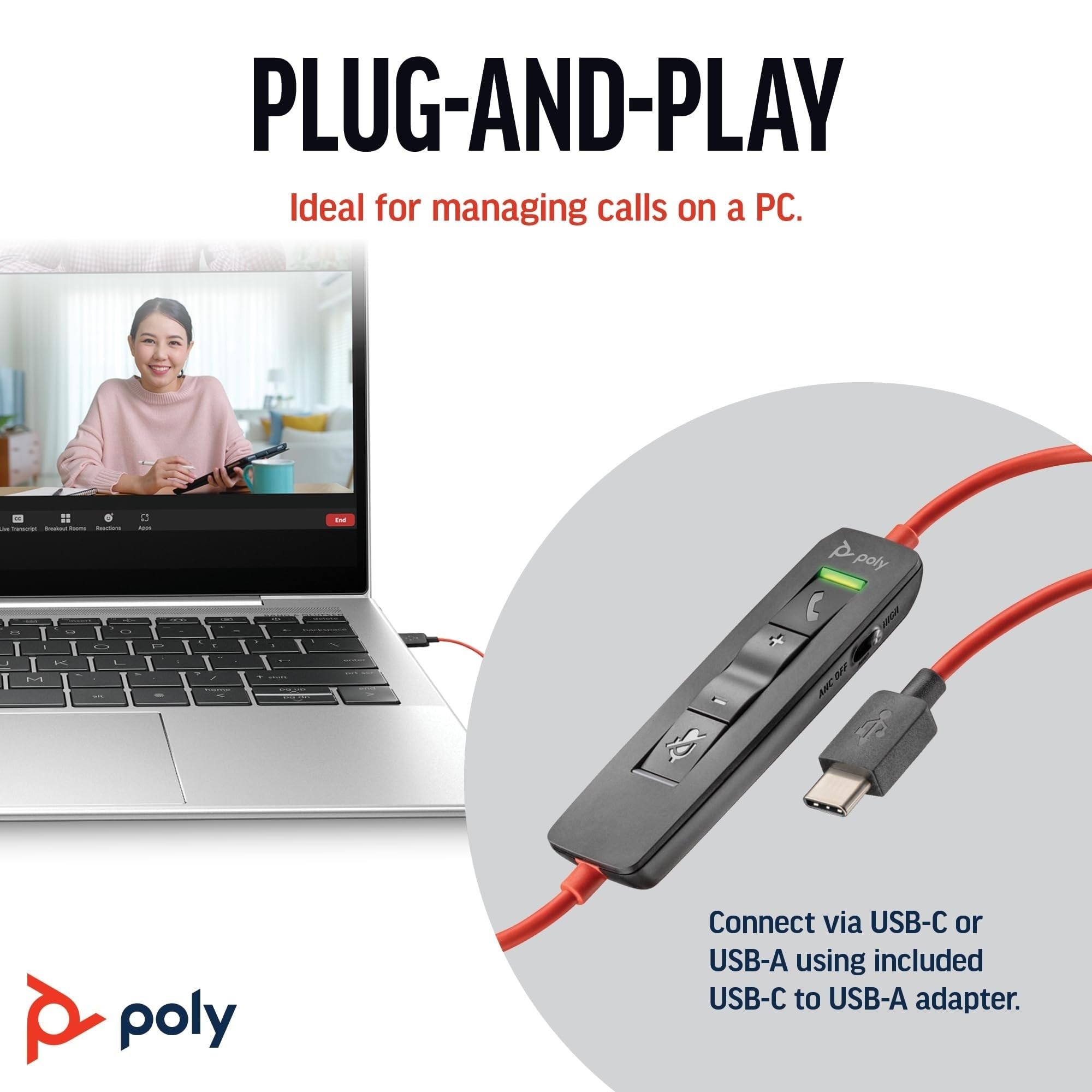 Poly Blackwire 8225 Premium Wired Headset - Active Noise Cancelling - Hi-fi Stereo - Connection to PC/Mac - Works with/Teams, Zoom