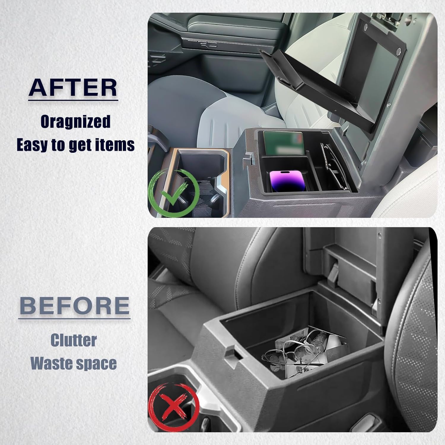 2PCS Center Console Organizer Tray Compatible with 2024 2025 2026 Toyota Tacoma Armrest Hidden Storage Box ABS Plastic Interior Accessories