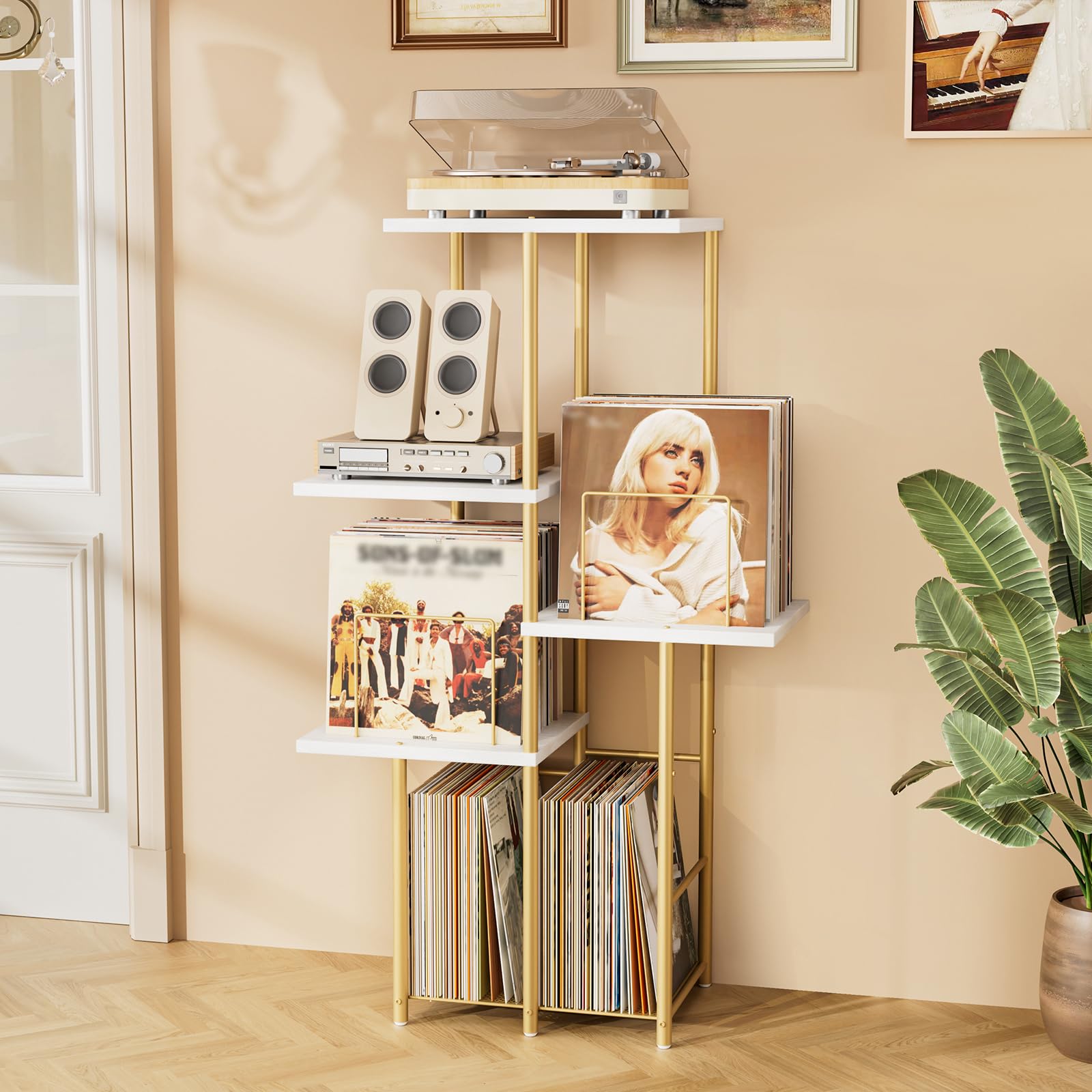 Bikoney Tavolo Porta Giradischi con Mobile per Dischi in Vinile - Oro | Consolle Alta in Legno per Soggiorno e Camera, Supporto per Giradischi Salvaspazio con Espositore e Organizer LP