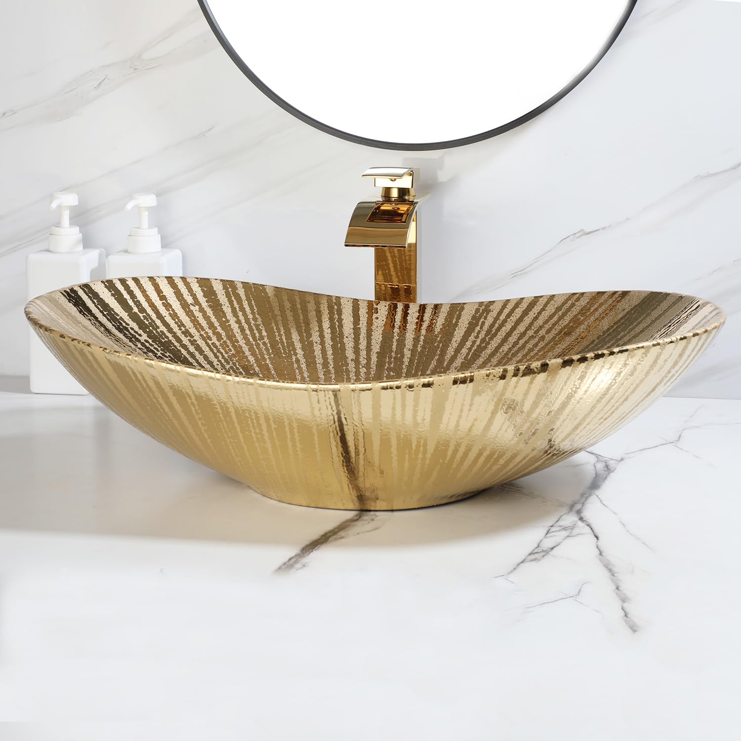 Gold Badezimmer Gefäß Waschbecken Oval Combos Wasserhahn und Ablauf-Set Keramik Waschbecken über Theke Schüssel Waschbecken für Badezimmer Bootsform Gefäß Waschbecken Gold Badezimmer
