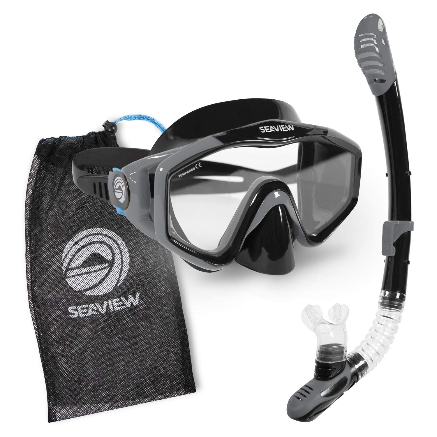 Seaview 180° Kradan Dry Snorkel Set. Tempered Glass Diving Snorkel Mask Adult. Adjustable Strap & Dry Valve Collapsible Swim Scuba Mask. Travel Collapsible Set Snorkeling Gear for Adults