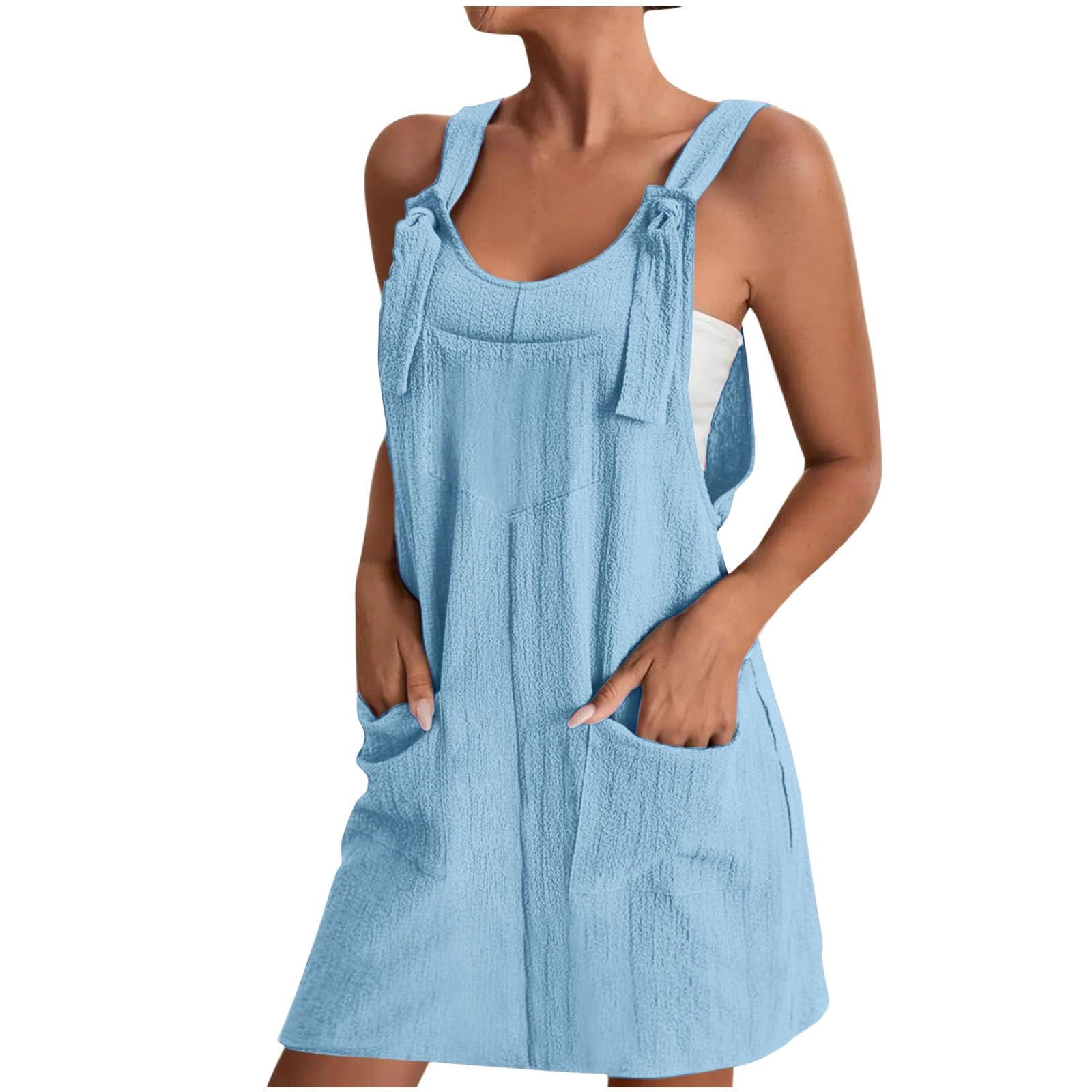 NUSGEAR 2024 Vestidos Corto para Mujer Vestido de Tirantes Verano Mono Peto Color sólido Moda Casual Fiesta Playa Vestidos sin Manga Bolsillo Suelto Vestidos Diario Vacaciones Basic