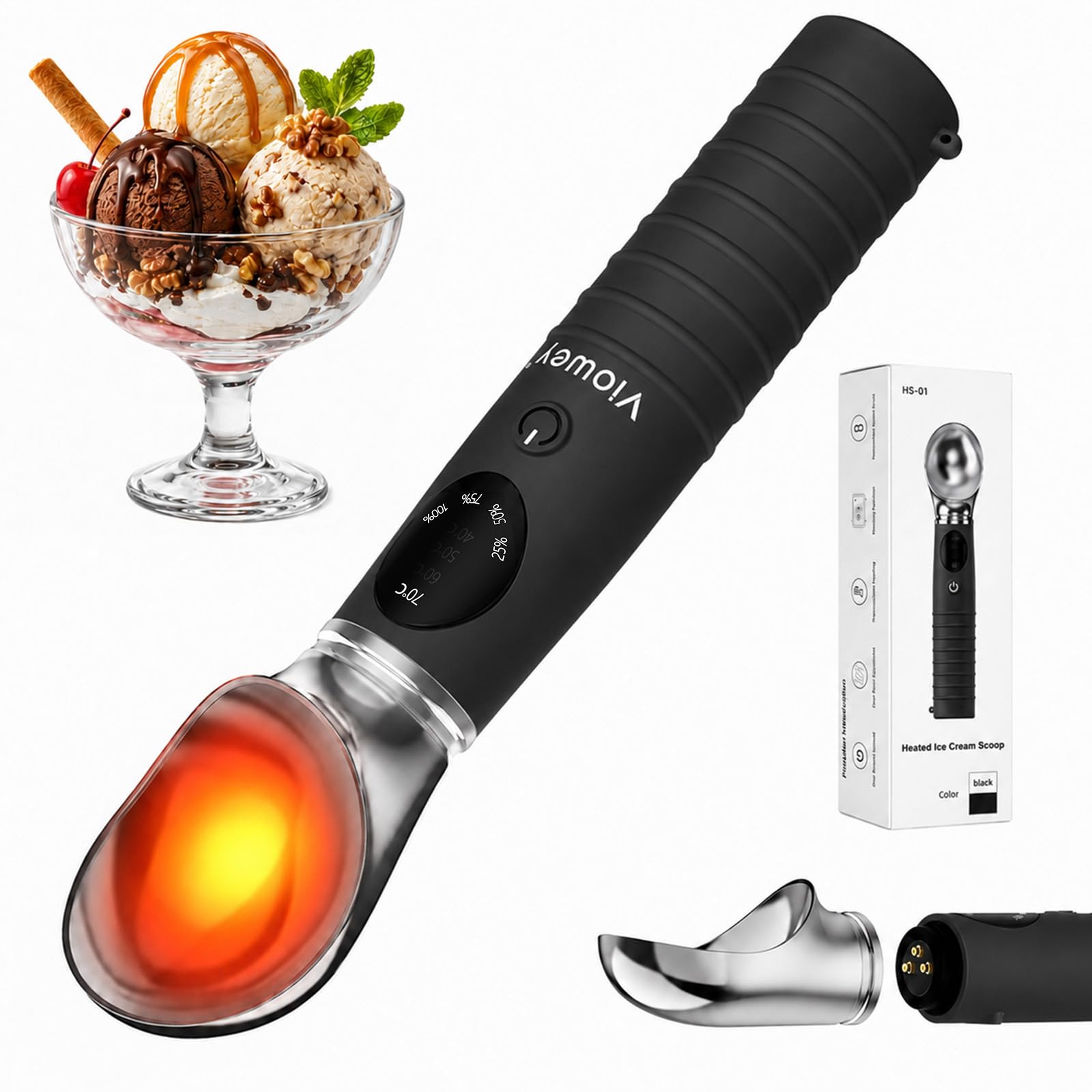 Heated Ice Cream Scoop Rechargeable, 4 Heat Settings 40°C–70°C, Detachable Food Grade Head Electric Warming Ice Cream Scoop, LED Display, IP67 Waterproof, for Frozen Butter, Sorbet, Gelato (Black)