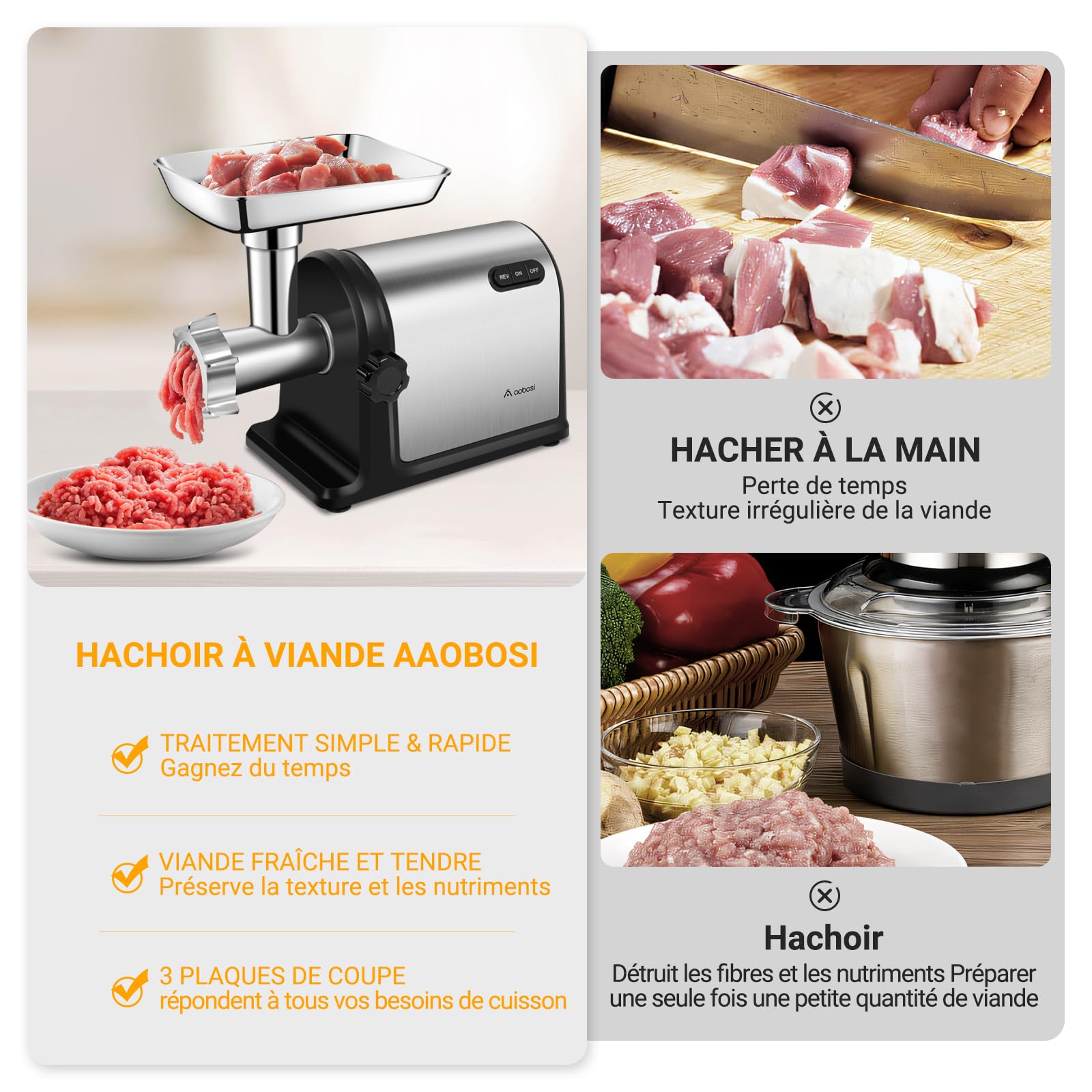 Hachoir a viande AOBOSI 3-IN-1 Hachoir à viande électrique avec 3 plaques de coupe en inox, 1 Kubbe et 3 tubes de remplissage pour saucisses, moteur [3000w Max], Hachoir avec lames.