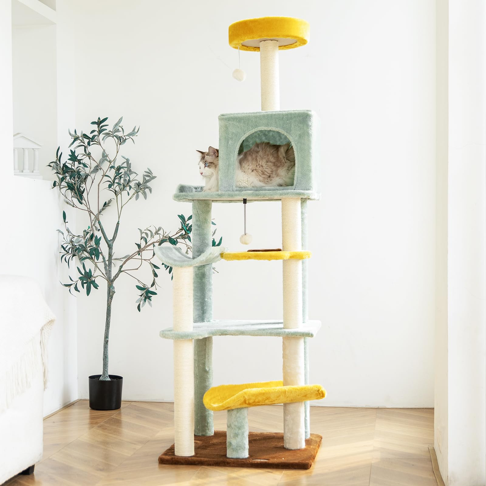 HYABi 65.5 inch Sunflower Cat Tree Tower Condo Furniture Apartment Plush Multi-Level Amusement Platform with Scratch Posts Toy Ball Pet House Play for Indoor Cats Large Adult