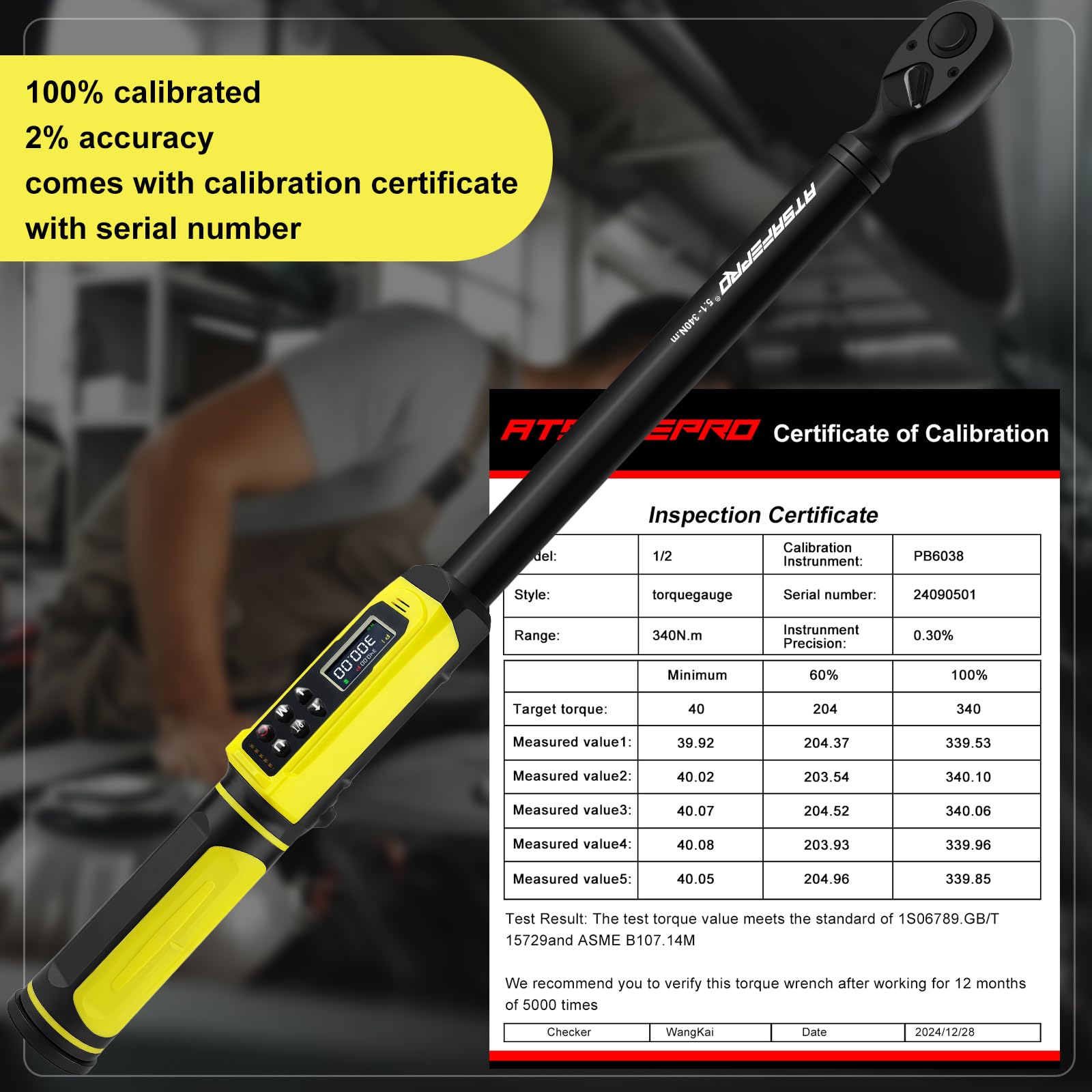 ATsafepro Digital Torque Wrench 1/2'' Drive,5.1-340N.m Electronic Torque Wrench,5 Units ±2% Accuracy Dual-Direction - Image 4