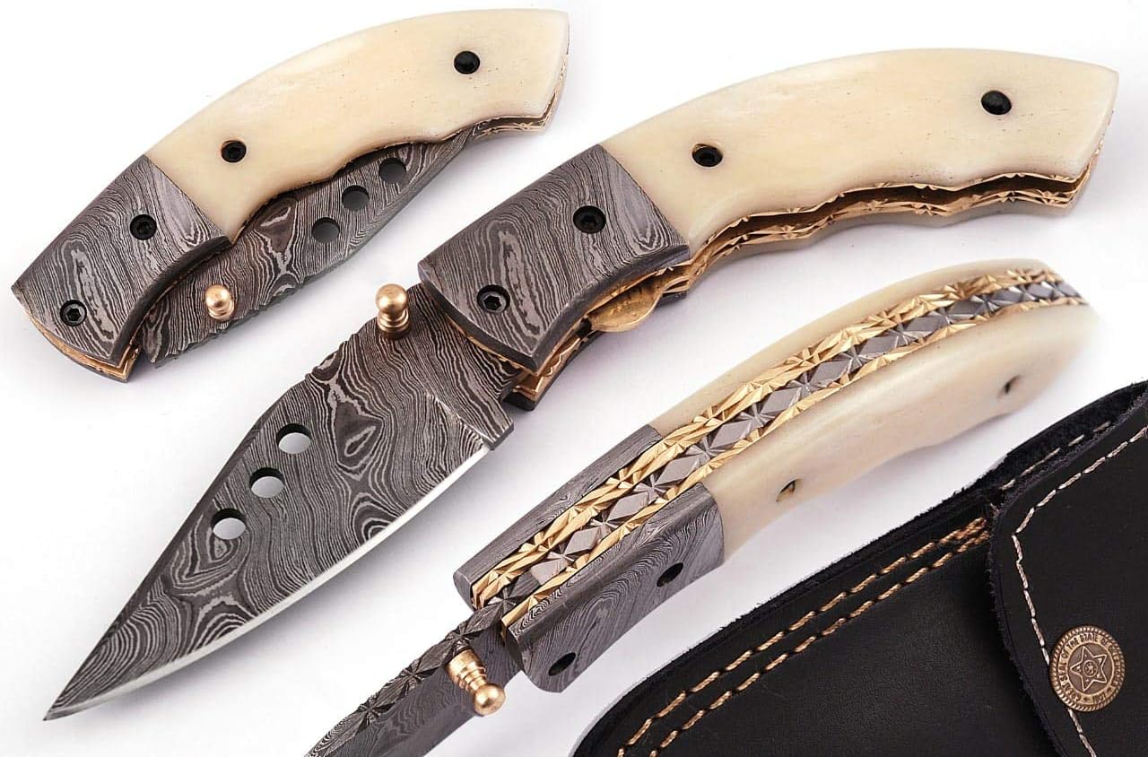 5079B Custom Damascus Steel Folding Pocket Knife Cool Camping Knife Unique Damascus Blade Pattern 5079B (White)