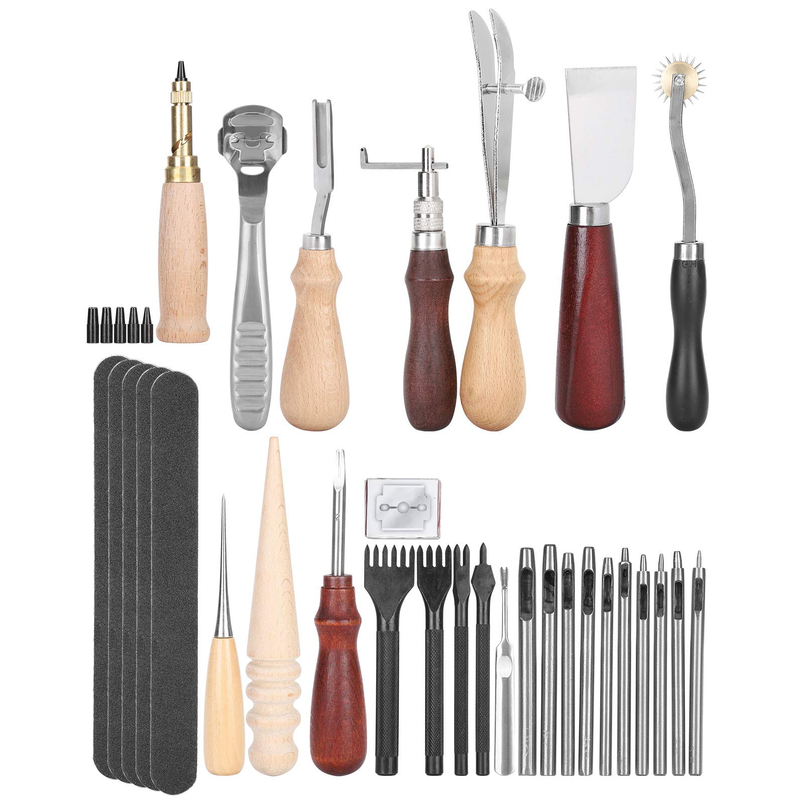 Juego de 33 herramientas de artesanía de cuero de primera calidad, kit de trabajo de cuero de grado profesional para tallar, estampar, perforar, coser, proyectos de artesan