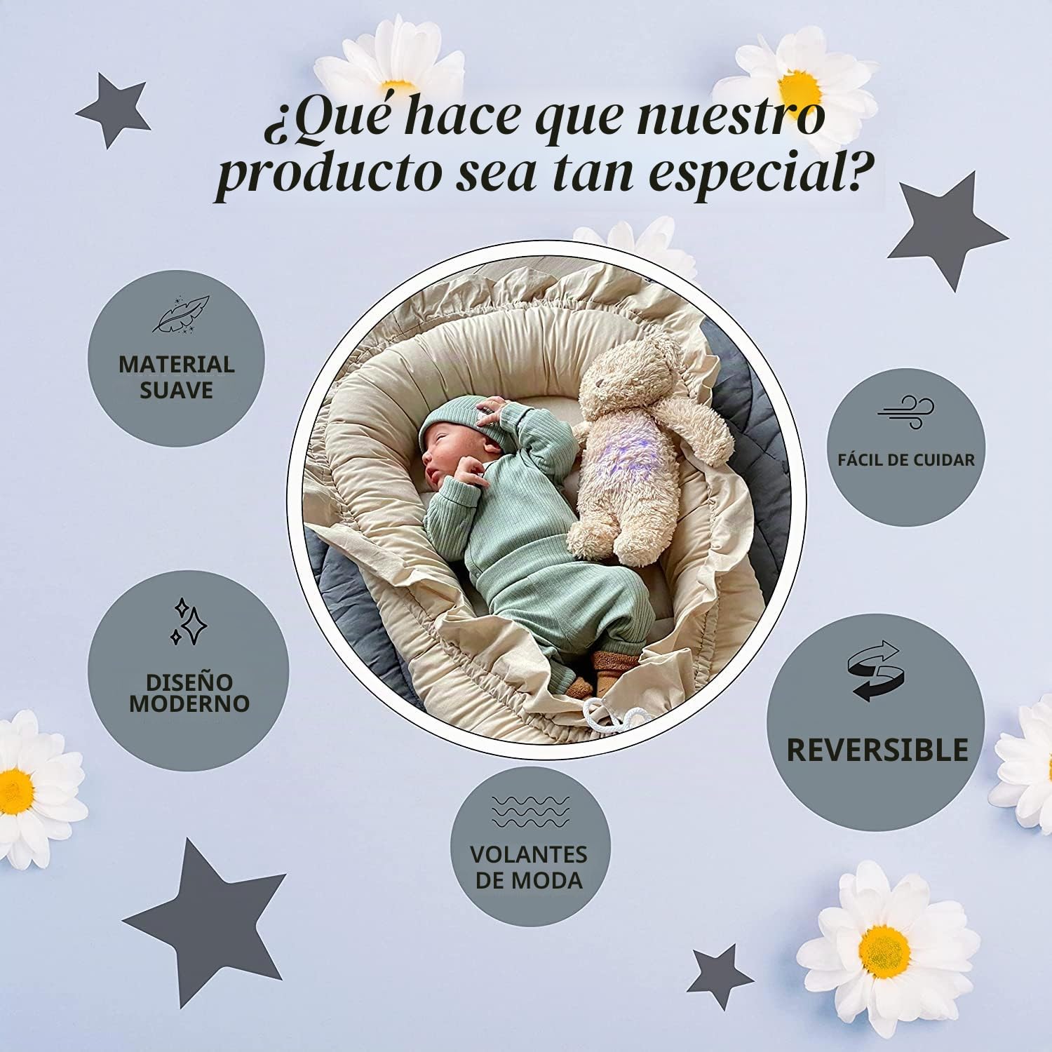 PIMKO Nido de bebé con volantes para bebé, capullo para bebés y recién nacidos, 100% algodón, adecuado para el hogar, 55 x 90 cm (beige con solapa)