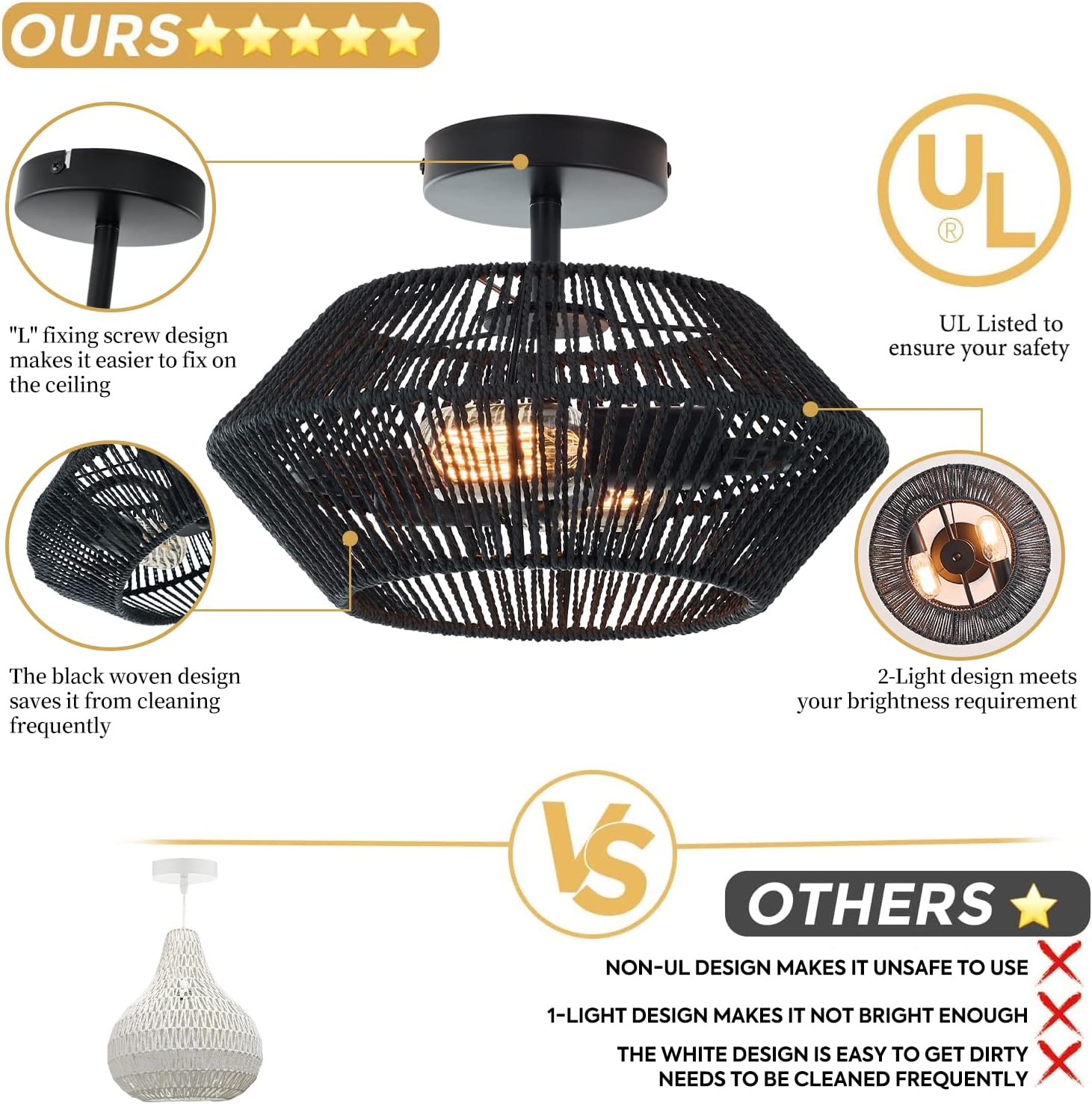 2-Lights Woven Rattan Ceiling Light Fixture, Black Farmhouse Hand-Woven Cage Semi Flush Mount Ceiling Light, Small Boho Coastal Basket Close to Ceiling Light for Bedroom Hallway Nursery Entryway