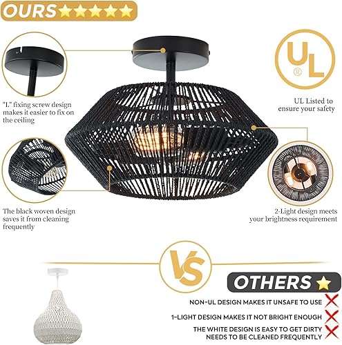 Miniatura 3 de Lámpara de techo de ratán tejida con 2 luces, lámpara de techo semiempotrada tejida a mano de granja negra, cesta costera bohemia cerca de techo,