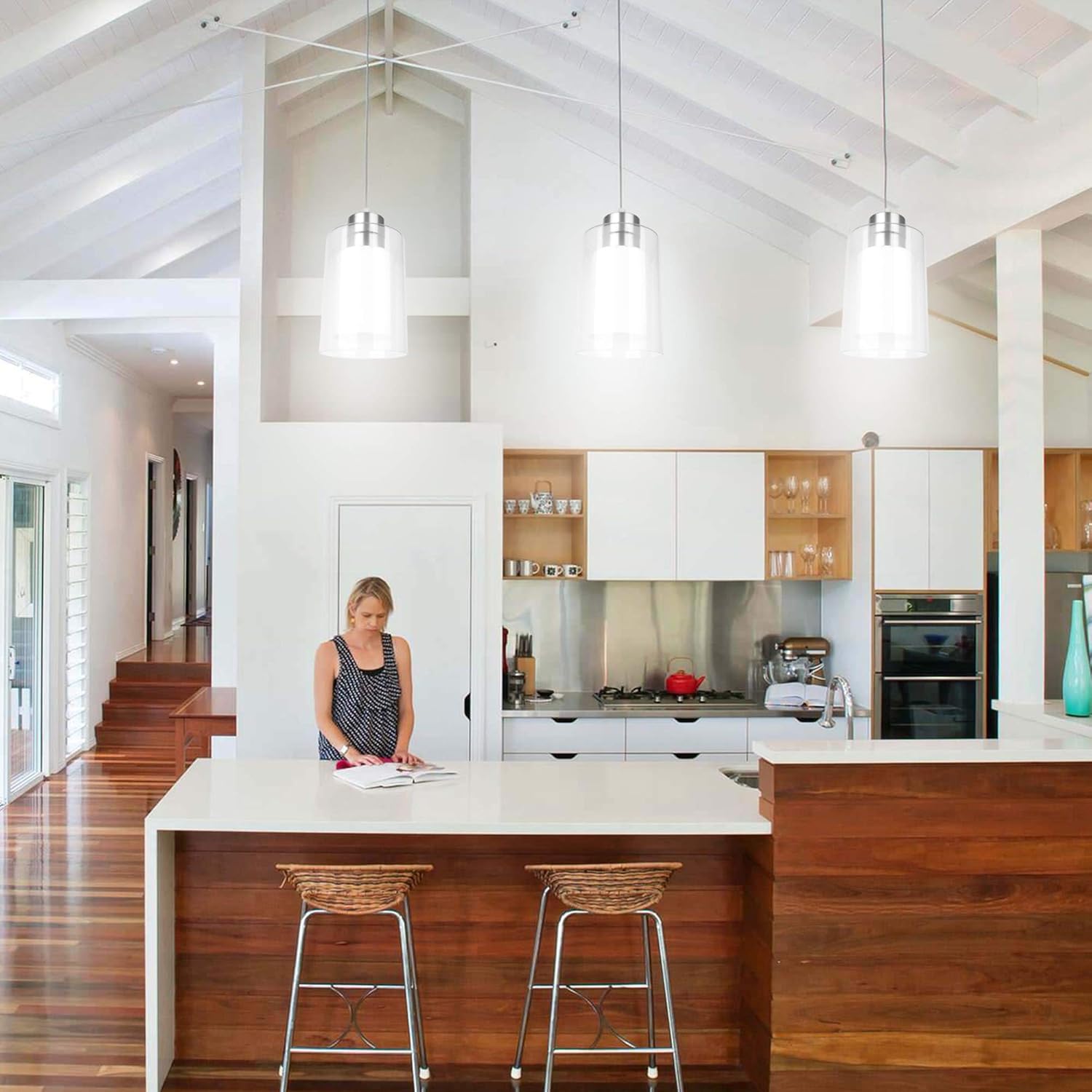 Ntsunxeko Pendant Light Contemporary Mini Pendant Lighting Adjustable Single Pendant Hanging Light for Kitchen Island Dining Room with Clear and White Glass in Brushed Nickel - - 