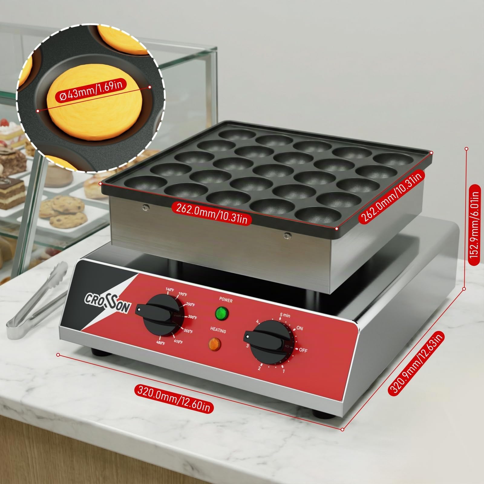 CROSSON 25 Loch Mini Pfannkuchenmaker Kommerzielle mit 43 mm Durchmesser,Dutch Muffin Waffeleisen Nicht Haftende Dorayaki-Backmaschine,5-Minuten-Timer und Temperatur von 60-250℃,230V/850W