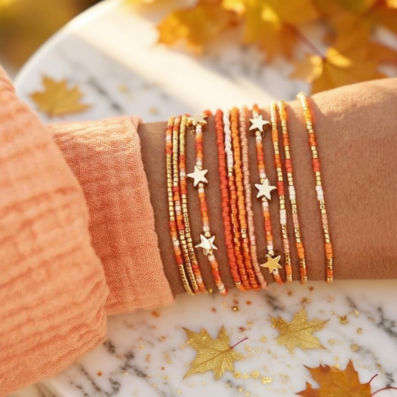 Gold Fall Orange Beaded Bracelets Stack for Women, 12PCS Boho Handmade Stackable Stretch Stars Seed Beads Accessories Jewelry Costumes Trendy Friendship Birthday Gift - Image 2
