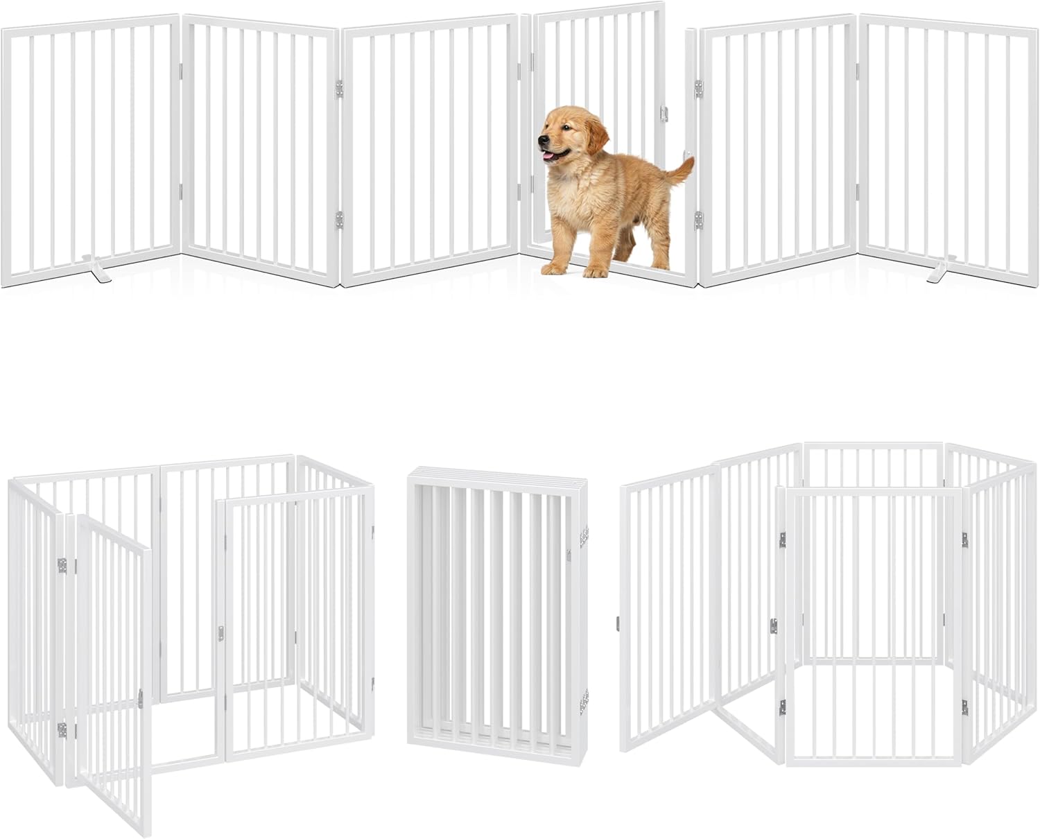 Vantas Folding No-Assembly Metal Pet Gate 120" Wide, 24" Extra Tall Dog Gate with Door Walk Through, Freestanding Accordion Puppy Gate Dog Door for Indoor & Outdoor, with 2PCS Support - White ?6-Panel with Door?20W*24H White